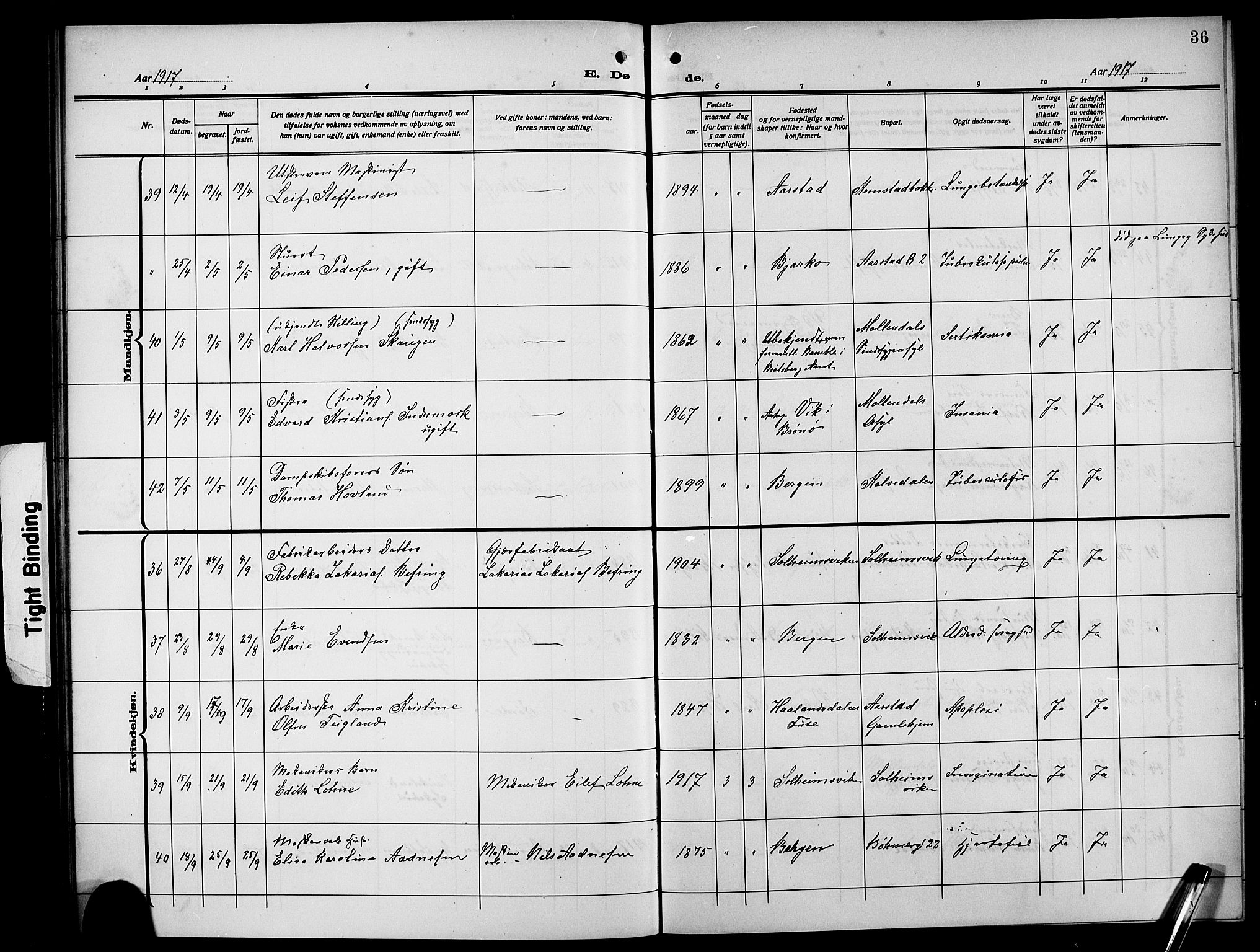 Årstad Sokneprestembete, AV/SAB-A-79301/H/Hab/L0024: Parish register (copy) no. D 1, 1915-1922, p. 36