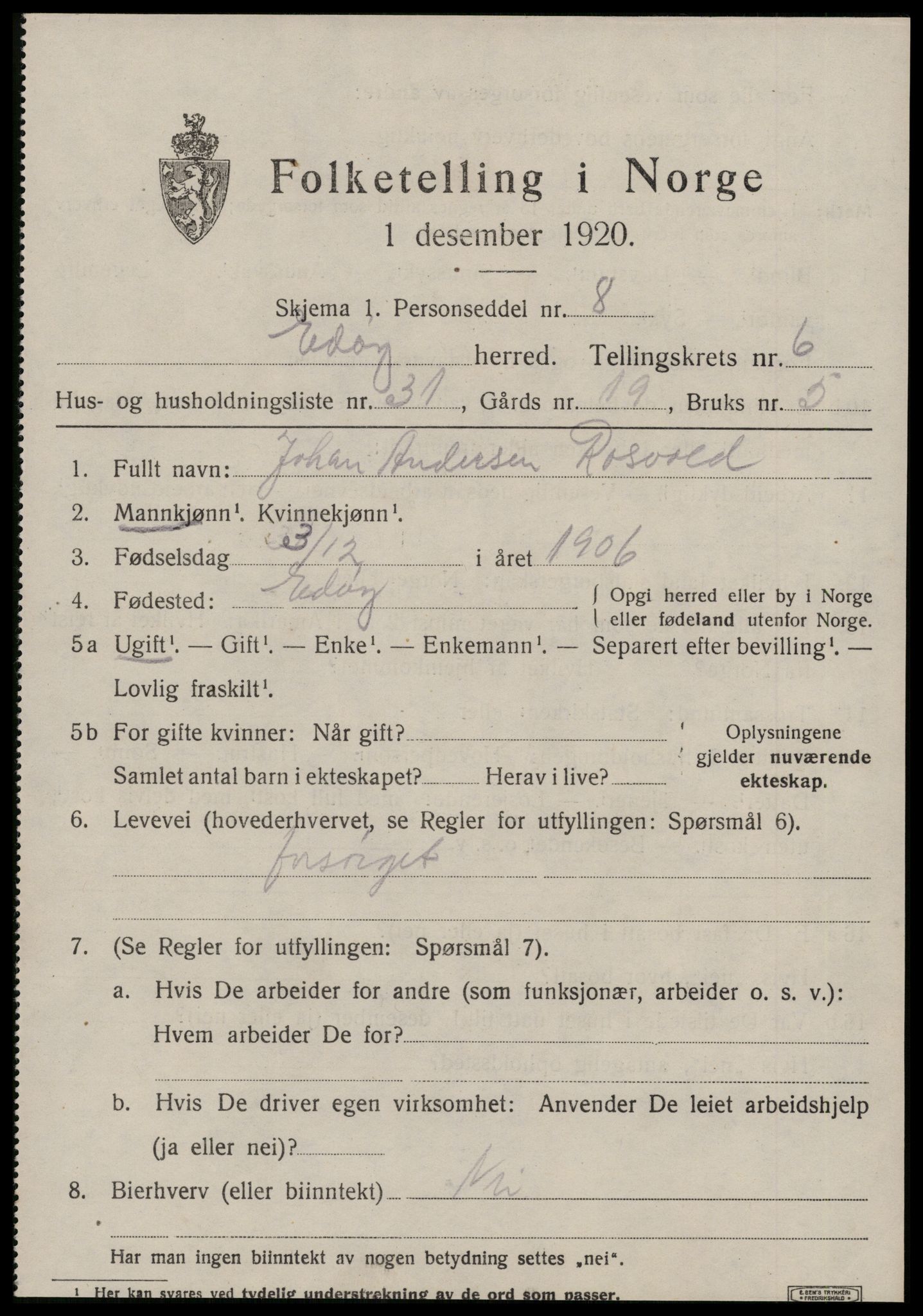 SAT, 1920 census for Edøy, 1920, p. 2190