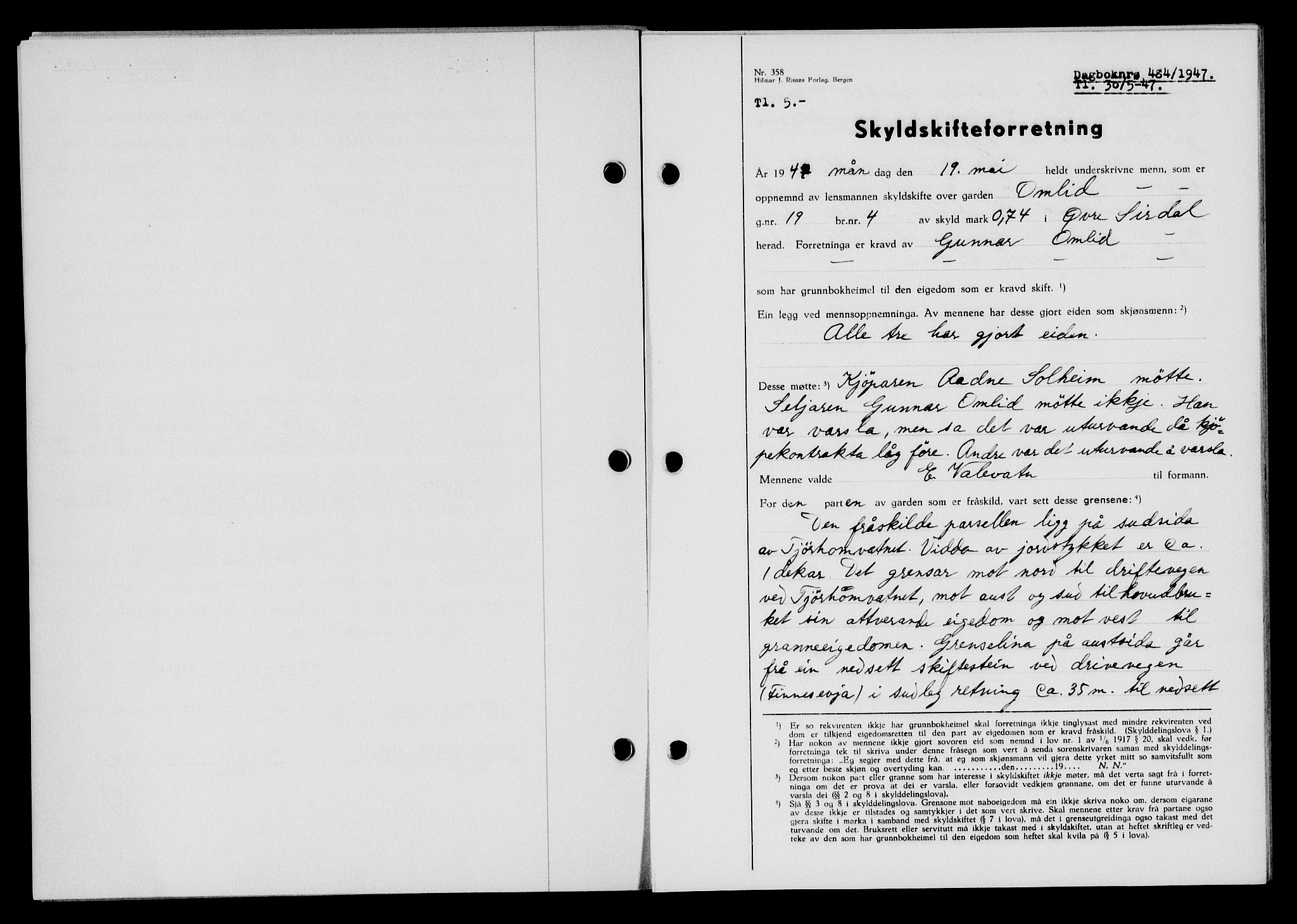 Flekkefjord sorenskriveri, SAK/1221-0001/G/Gb/Gba/L0062: Mortgage book no. A-10, 1947-1947, Diary no: : 484/1947