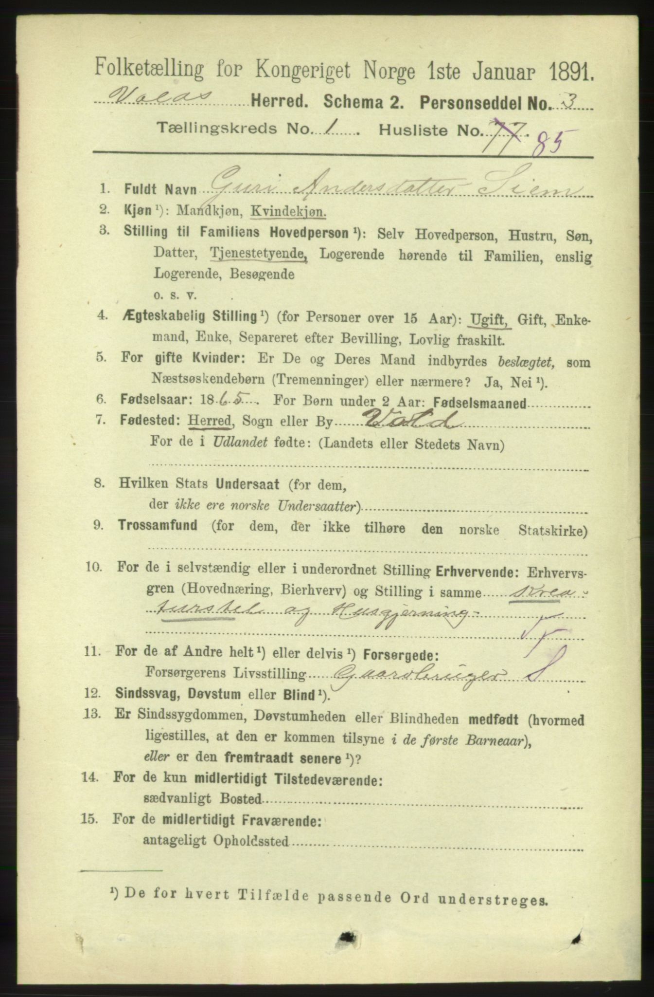 RA, 1891 census for 1537 Voll, 1891, p. 649