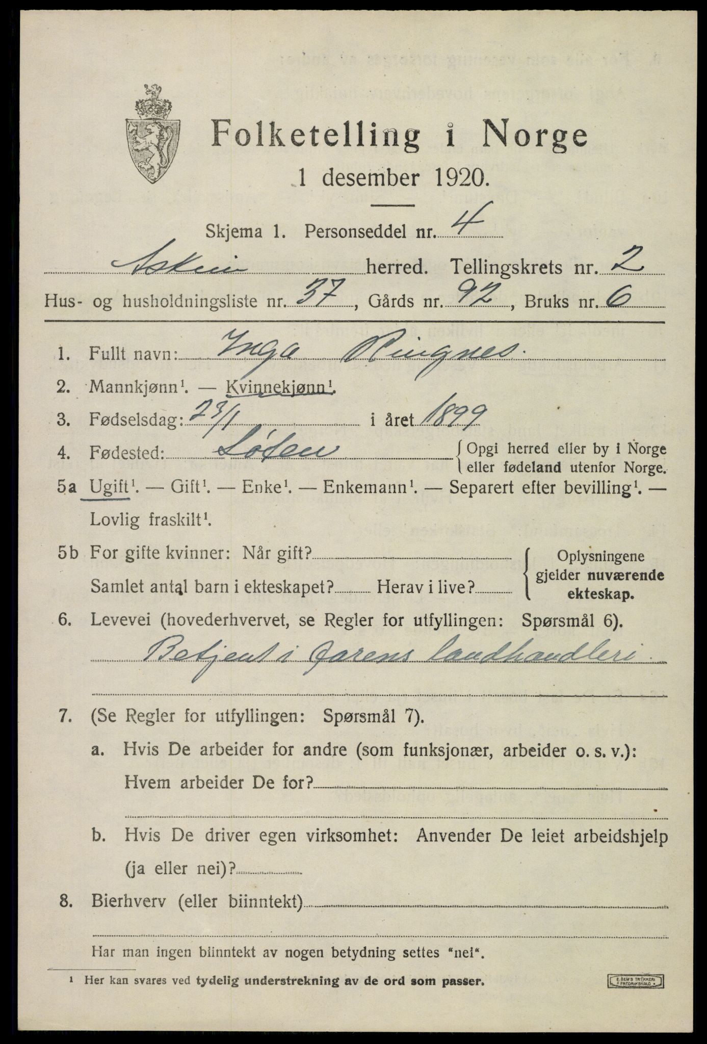 SAO, 1920 census for Askim, 1920, p. 5117