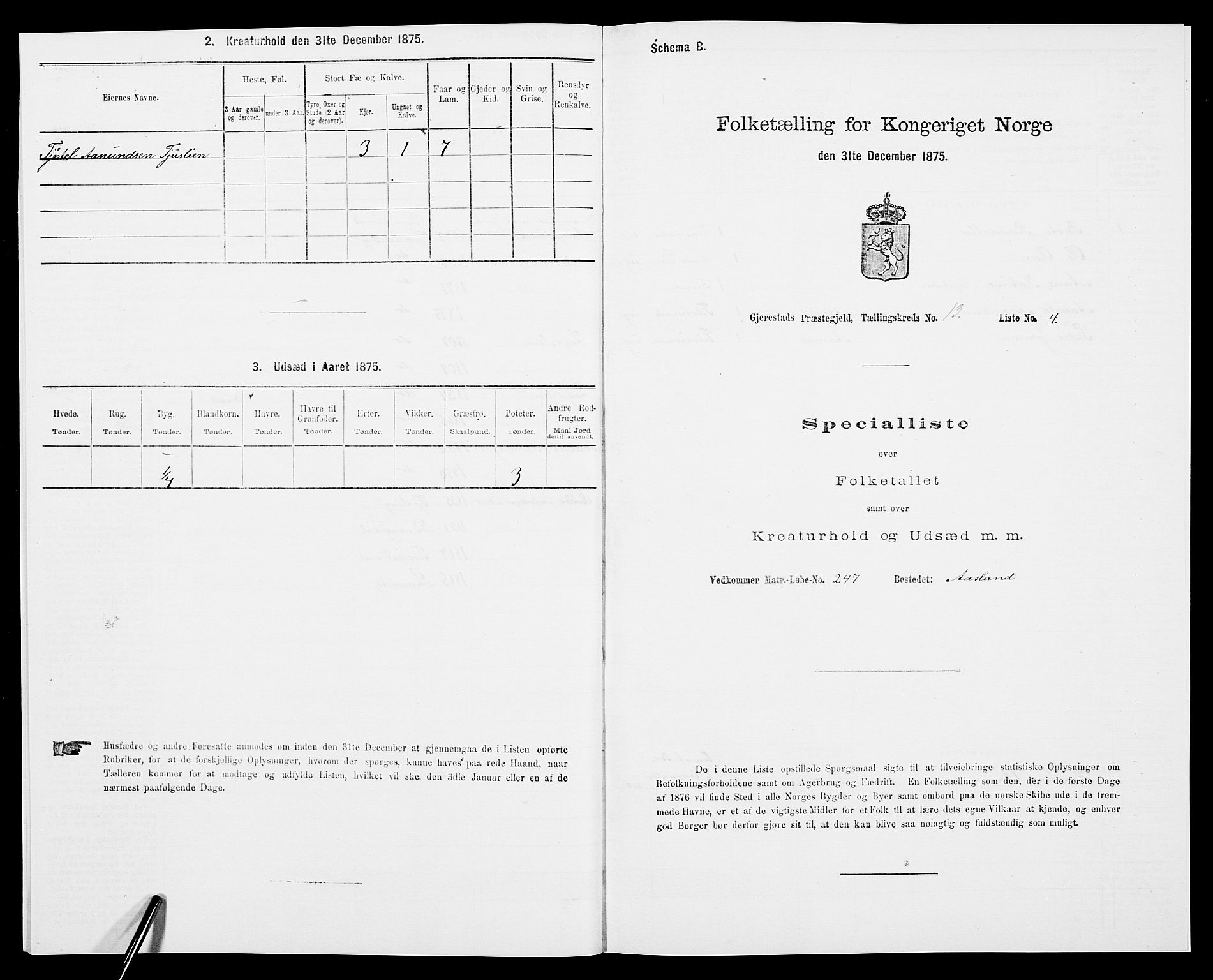 SAK, 1875 census for 0911P Gjerstad, 1875, p. 1288