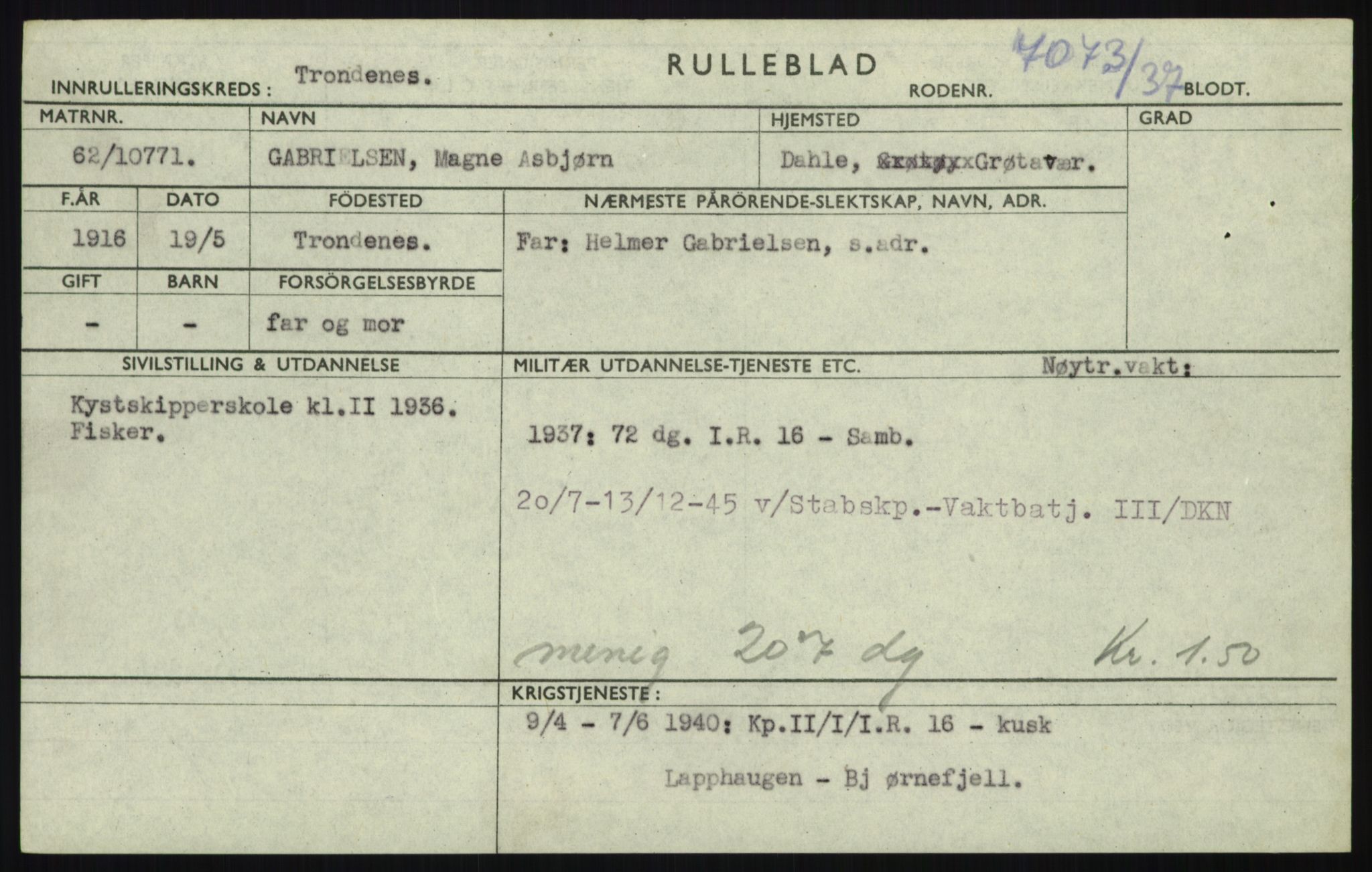 Forsvaret, Troms infanteriregiment nr. 16, AV/RA-RAFA-3146/P/Pa/L0021: Rulleblad for regimentets menige mannskaper, årsklasse 1937, 1937, p. 201