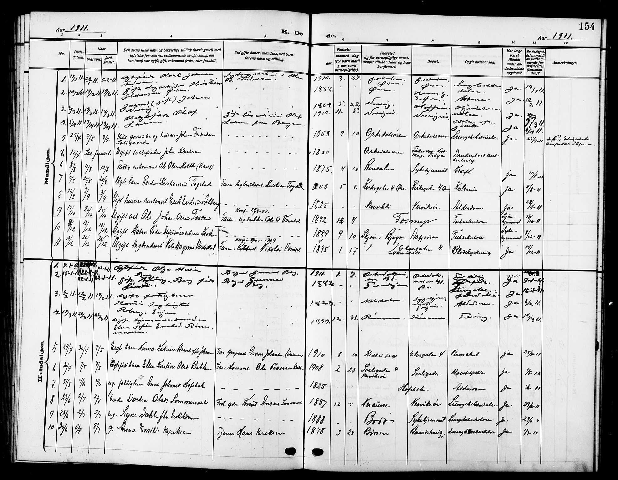 Ministerialprotokoller, klokkerbøker og fødselsregistre - Sør-Trøndelag, SAT/A-1456/669/L0831: Parish register (copy) no. 669C01, 1909-1924, p. 154