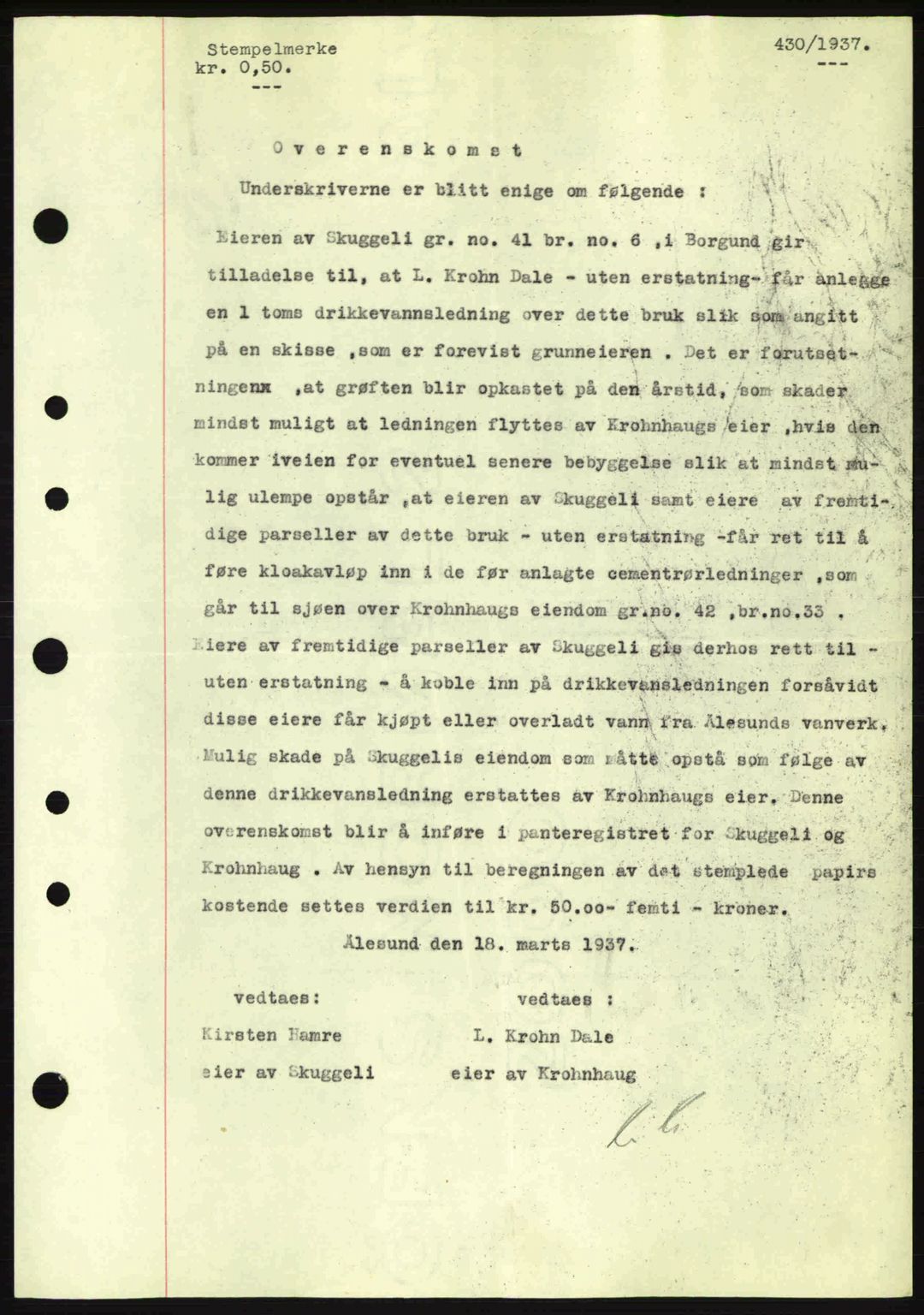 Nordre Sunnmøre sorenskriveri, AV/SAT-A-0006/1/2/2C/2Ca: Mortgage book no. A2, 1936-1937, Diary no: : 430/1937