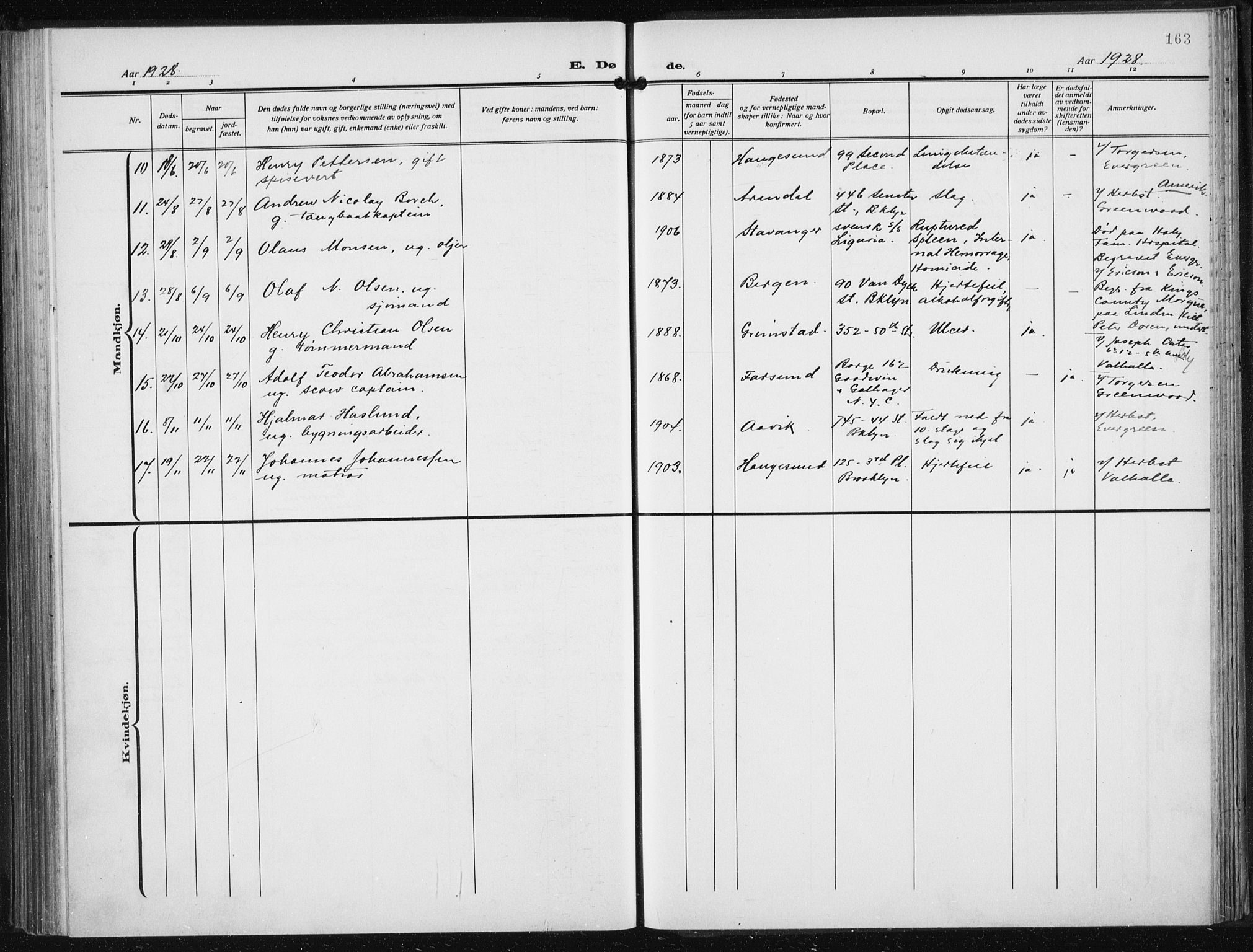 Den norske sjømannsmisjon i utlandet/New York, SAB/SAB/PA-0110/H/Ha/L0008: Parish register (official) no. A 8, 1923-1935, p. 163