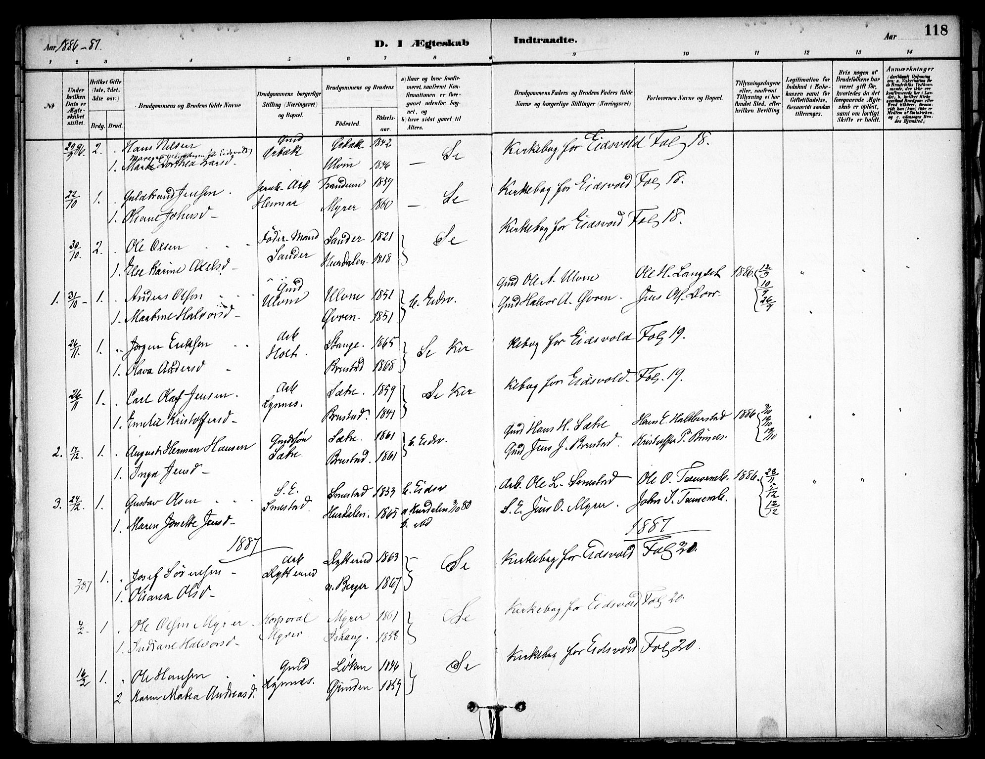 Eidsvoll prestekontor Kirkebøker, AV/SAO-A-10888/F/Fb/L0001: Parish register (official) no. II 1, 1882-1897, p. 118