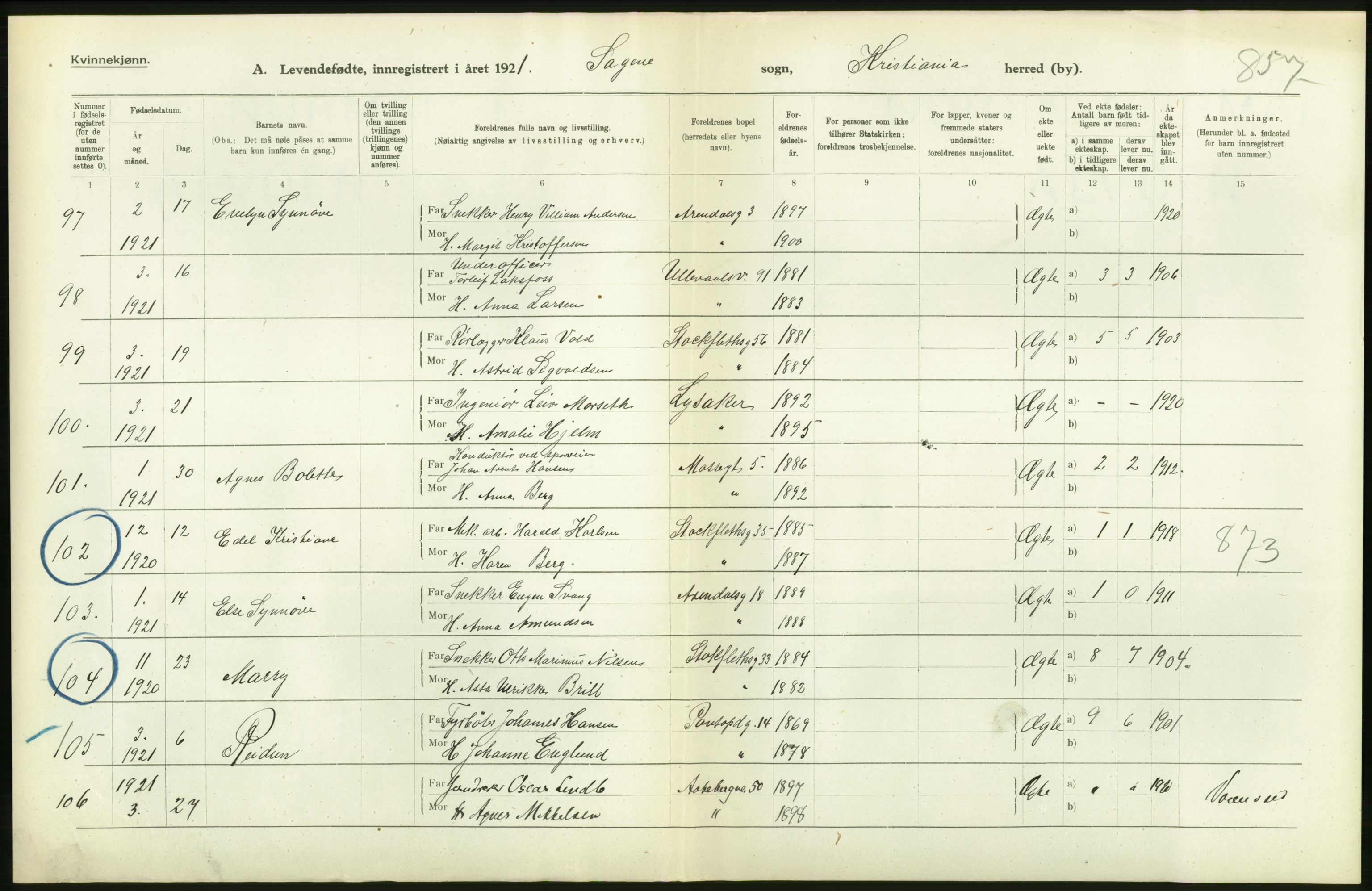 Statistisk sentralbyrå, Sosiodemografiske emner, Befolkning, AV/RA-S-2228/D/Df/Dfc/Dfca/L0010: Kristiania: Levendefødte menn og kvinner., 1921, p. 254