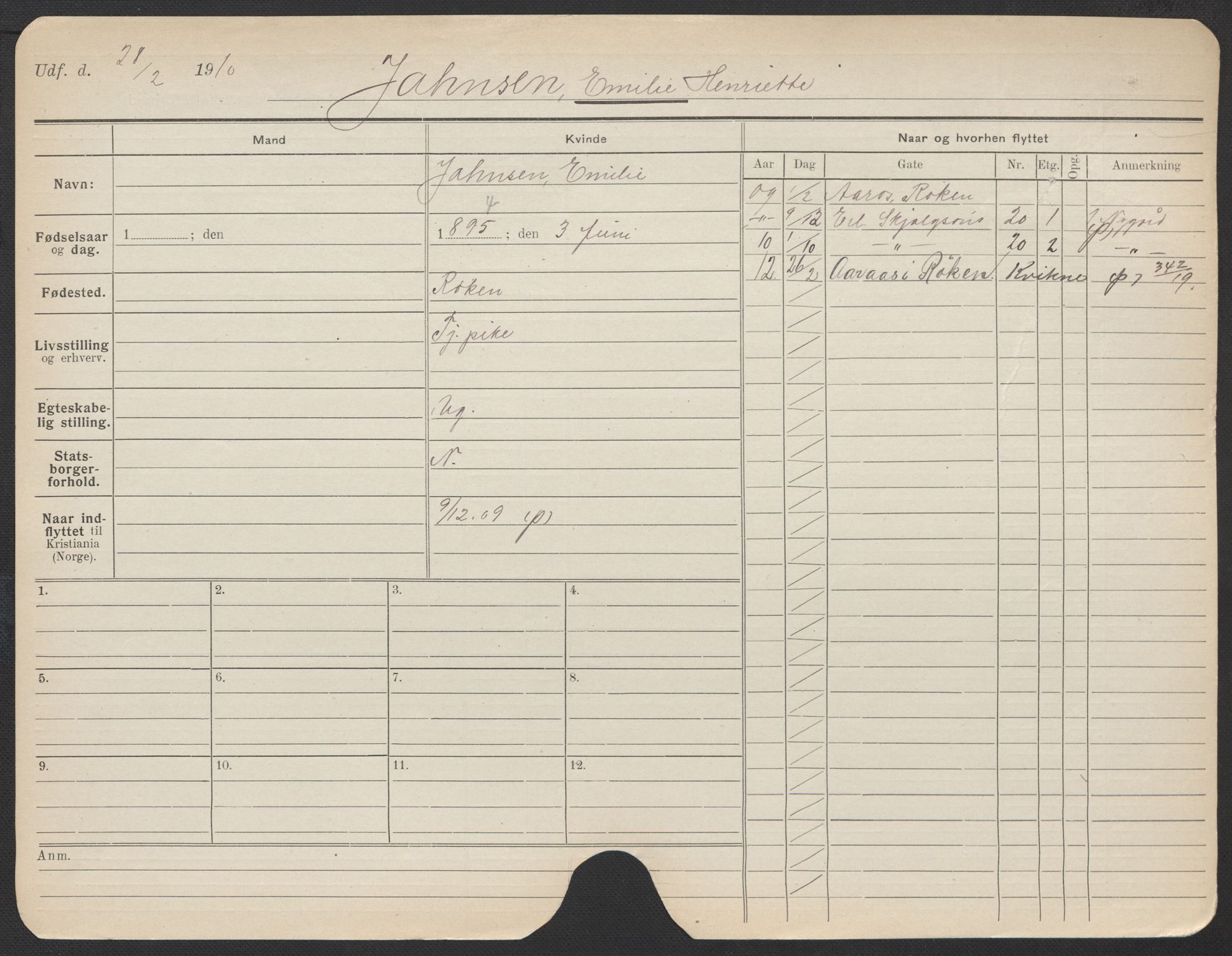 Oslo folkeregister, Registerkort, AV/SAO-A-11715/F/Fa/Fac/L0017: Kvinner, 1906-1914, p. 303a