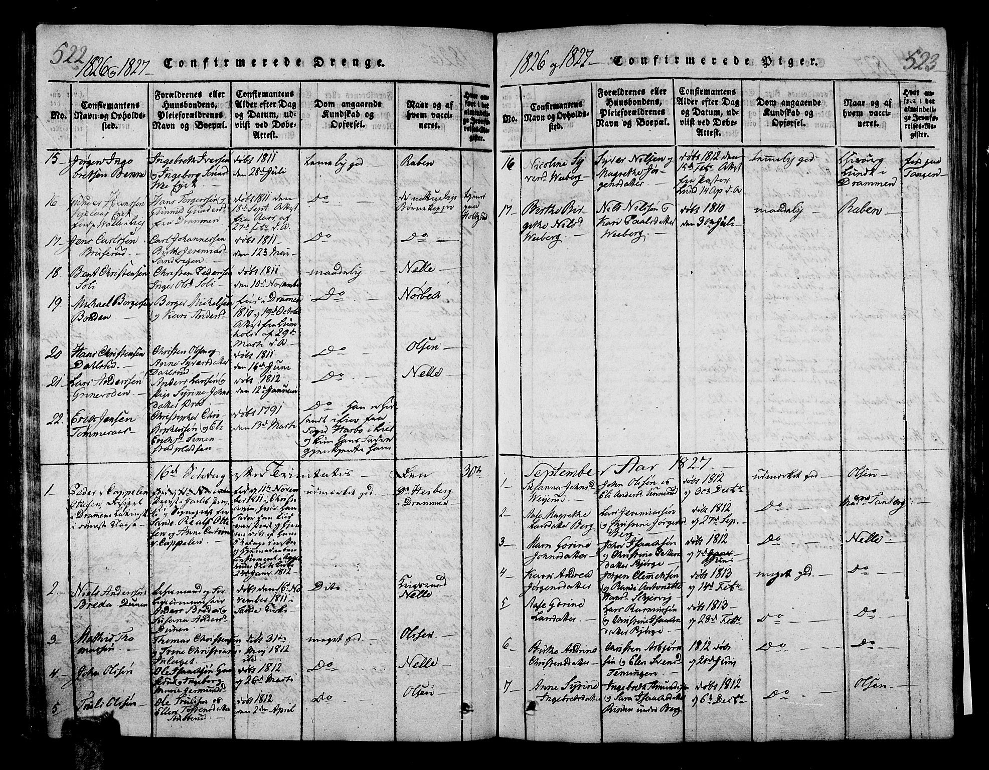 Sande Kirkebøker, AV/SAKO-A-53/G/Ga/L0001: Parish register (copy) no. 1, 1814-1847, p. 522-523