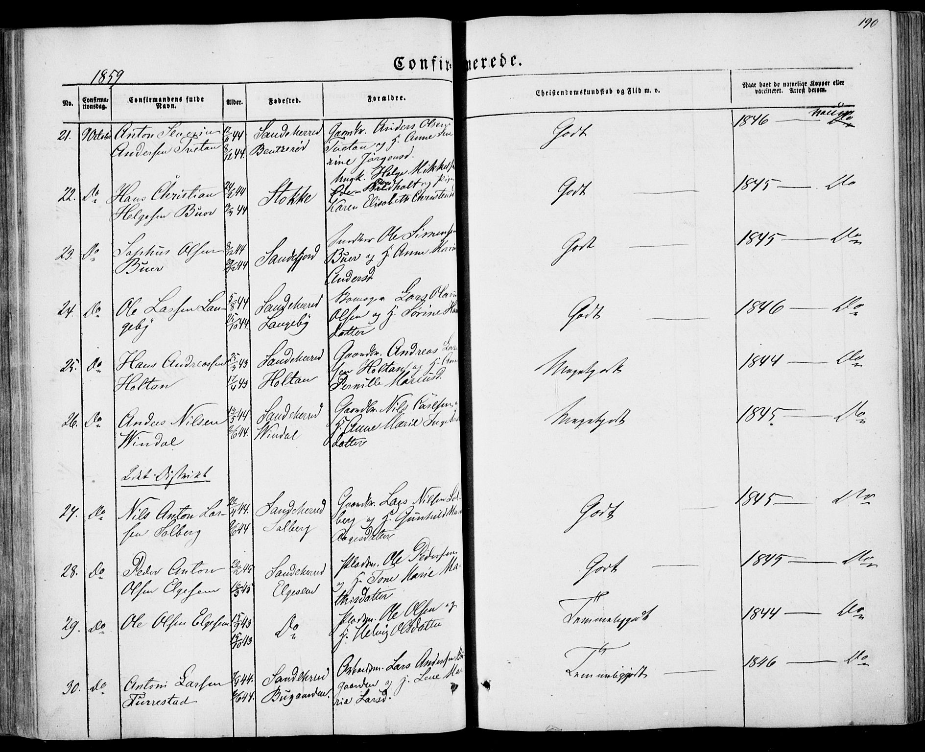 Sandar kirkebøker, AV/SAKO-A-243/F/Fa/L0007: Parish register (official) no. 7, 1855-1861, p. 190