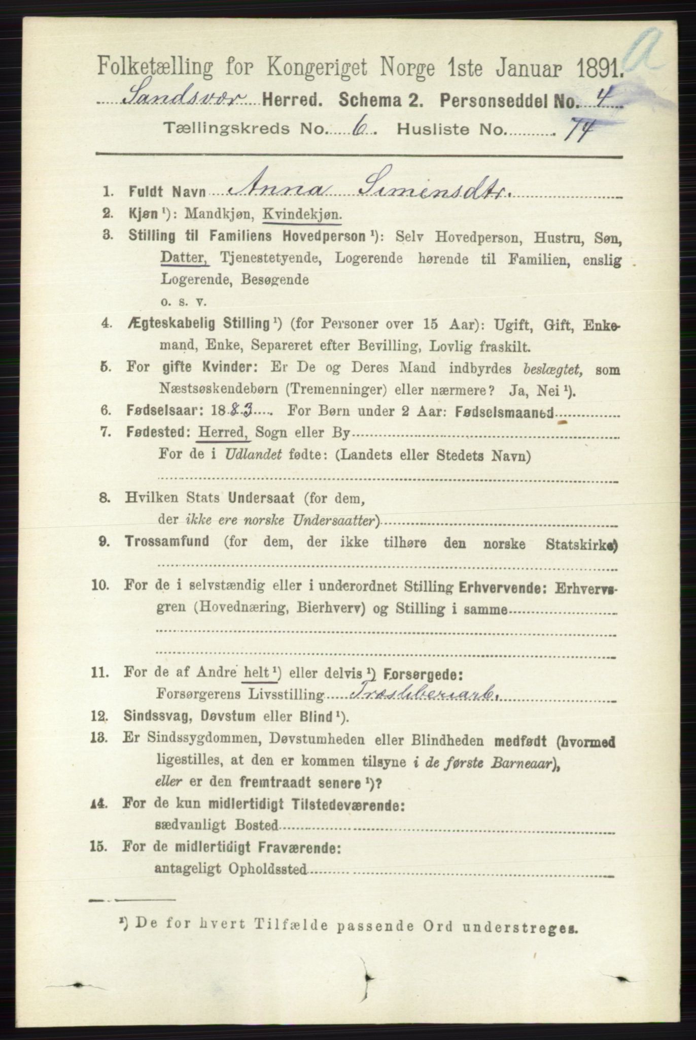 RA, 1891 census for 0629 Sandsvær, 1891, p. 3870