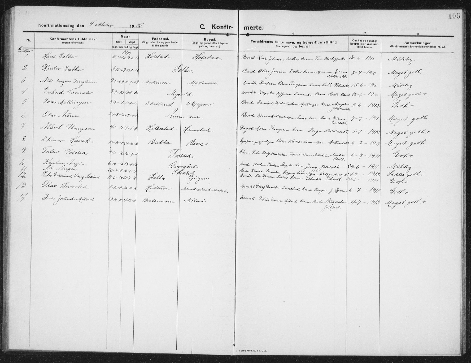 Ministerialprotokoller, klokkerbøker og fødselsregistre - Nord-Trøndelag, SAT/A-1458/742/L0413: Parish register (copy) no. 742C04, 1911-1938, p. 105