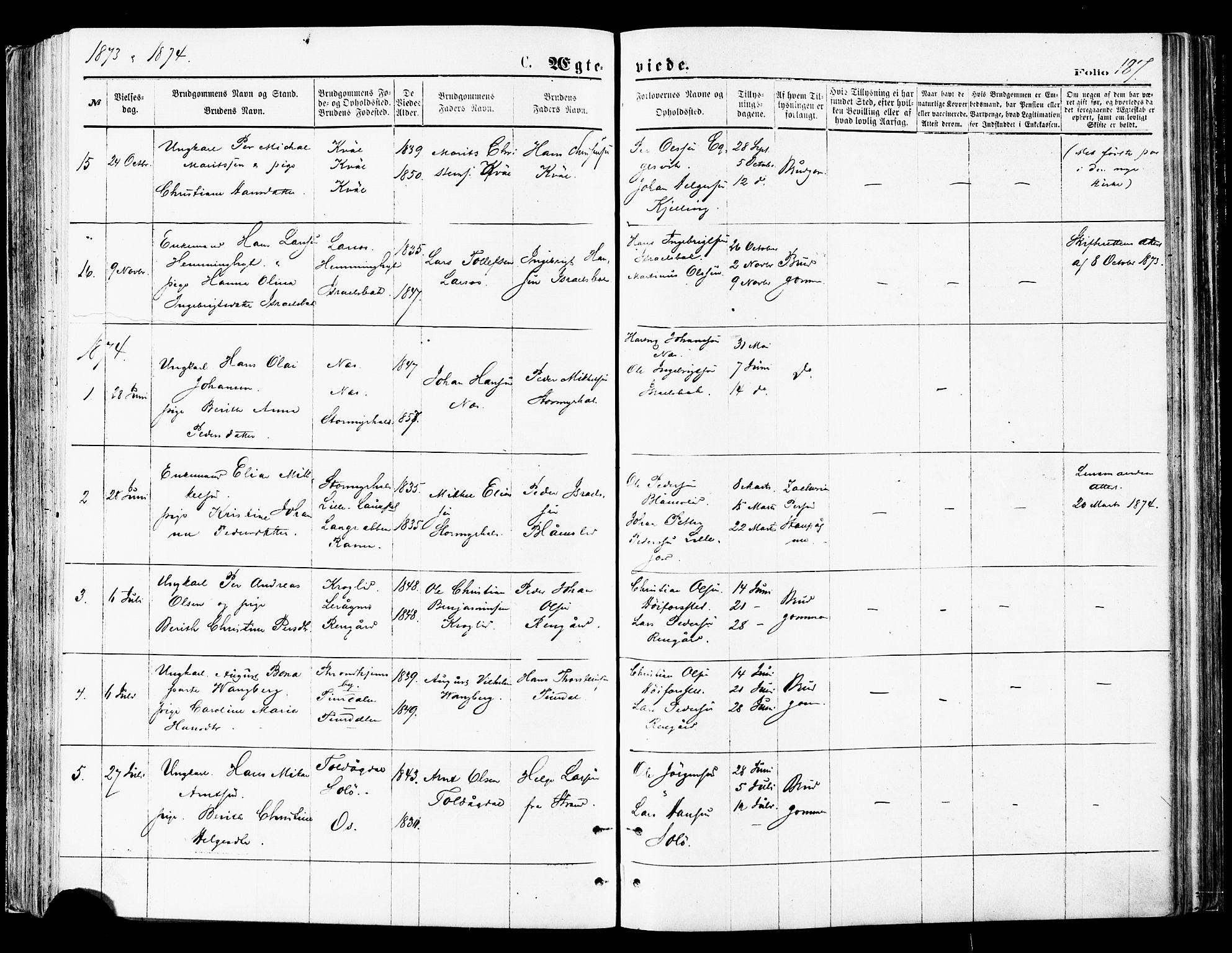 Ministerialprotokoller, klokkerbøker og fødselsregistre - Nordland, SAT/A-1459/846/L0645: Parish register (official) no. 846A03, 1872-1886, p. 187