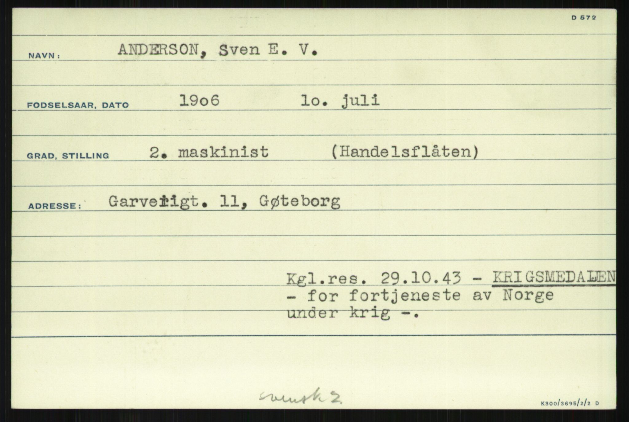 Direktoratet for sjømenn, AV/RA-S-3545/G/Gi/L0009: Alfabetisk ordnet kartotek over krigsdekorasjoner tildelt nordmenn under krigen, Sulebak - Aasvik, samt over krigsdekorasjoner tildelt 97 utenlandske krigsseilere under krigen, 1940-1945, p. 1625
