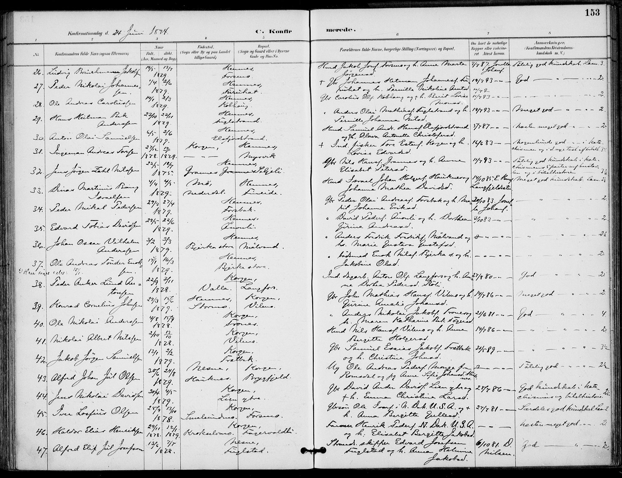 Ministerialprotokoller, klokkerbøker og fødselsregistre - Nordland, SAT/A-1459/825/L0362: Parish register (official) no. 825A16, 1886-1908, p. 153