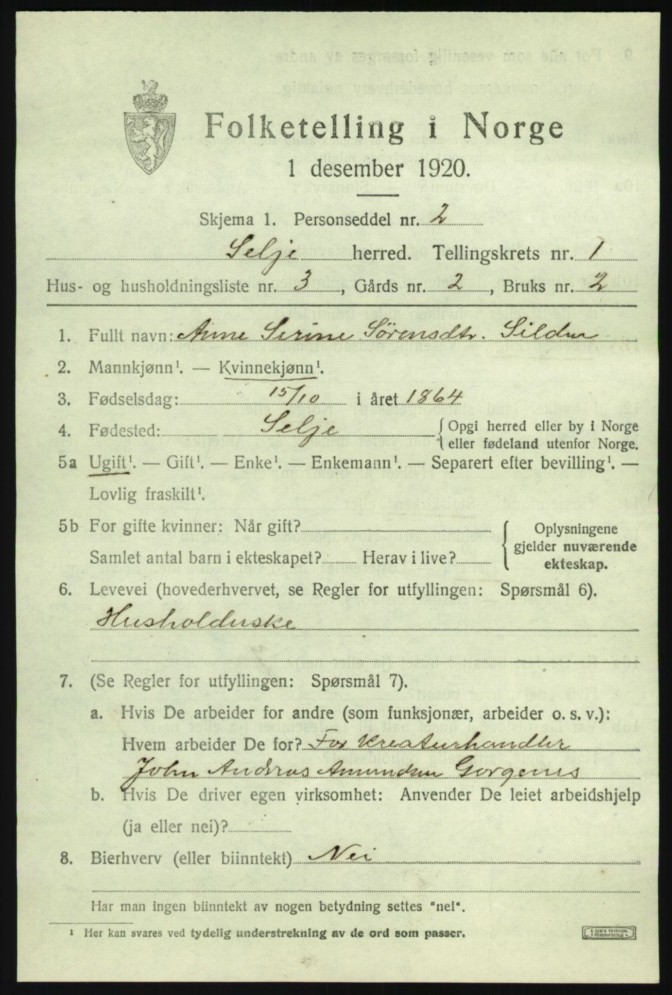 SAB, 1920 census for Selje, 1920, p. 1229