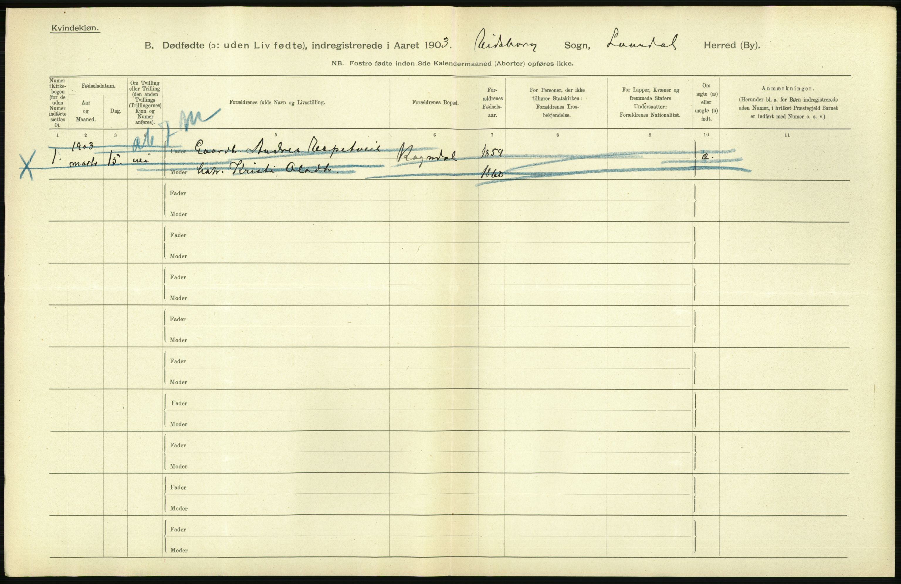 Statistisk sentralbyrå, Sosiodemografiske emner, Befolkning, AV/RA-S-2228/D/Df/Dfa/Dfaa/L0024: Smålenenes - Stavanger amt: Dødfødte. Bygder., 1903, p. 388