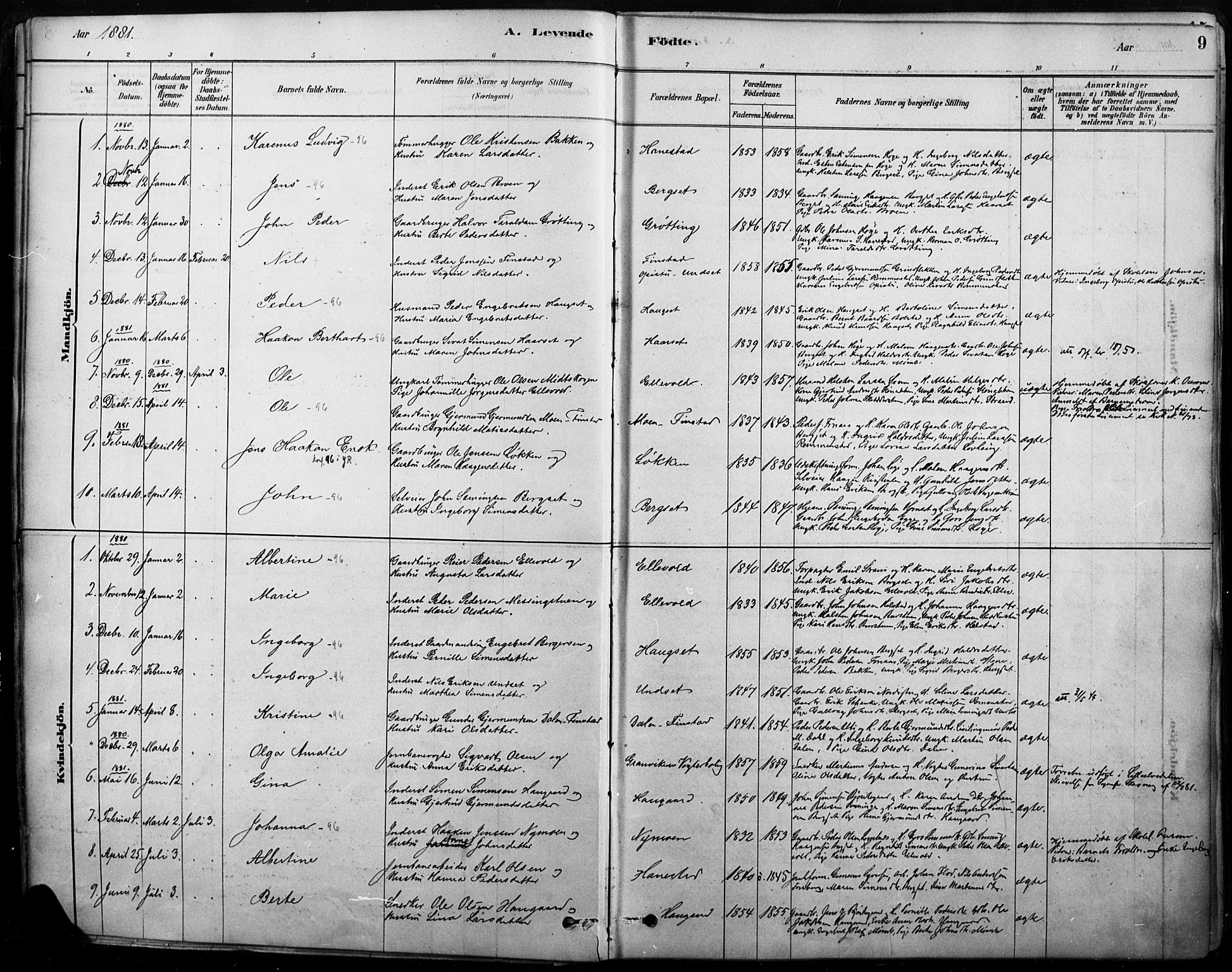 Rendalen prestekontor, AV/SAH-PREST-054/H/Ha/Haa/L0009: Parish register (official) no. 9, 1878-1901, p. 9