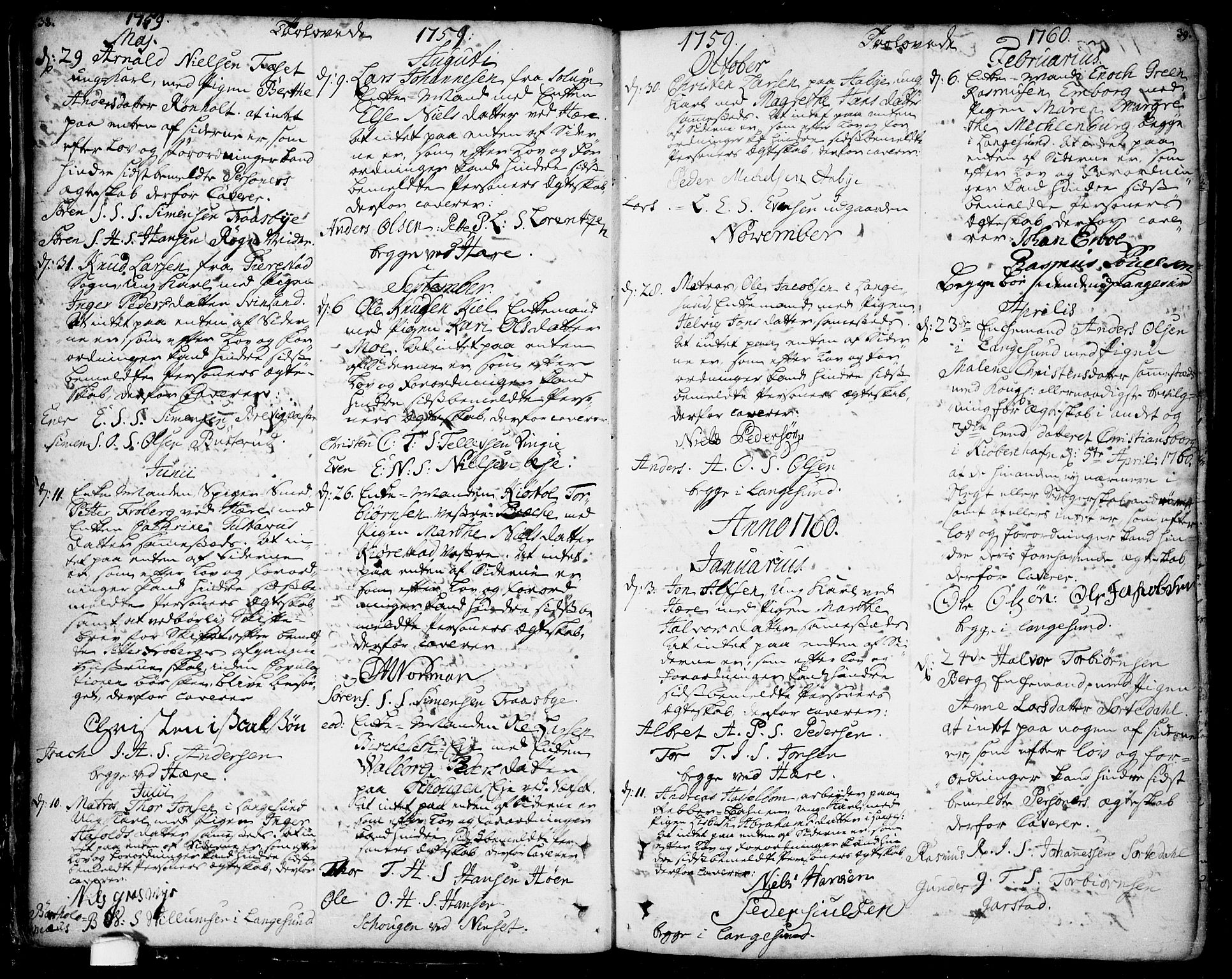 Bamble kirkebøker, SAKO/A-253/F/Fa/L0001: Parish register (official) no. I 1, 1702-1774, p. 38-39