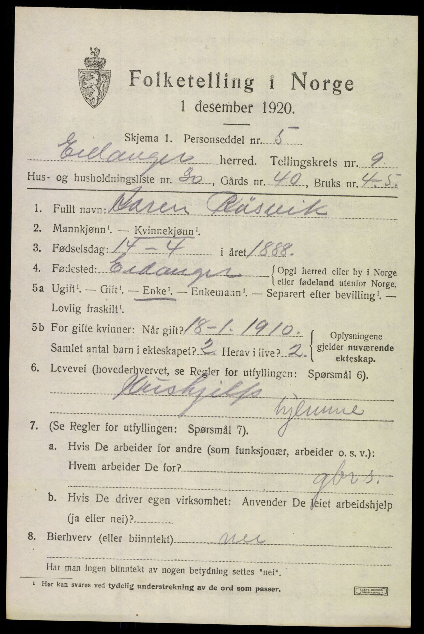 SAKO, 1920 census for Eidanger, 1920, p. 6198