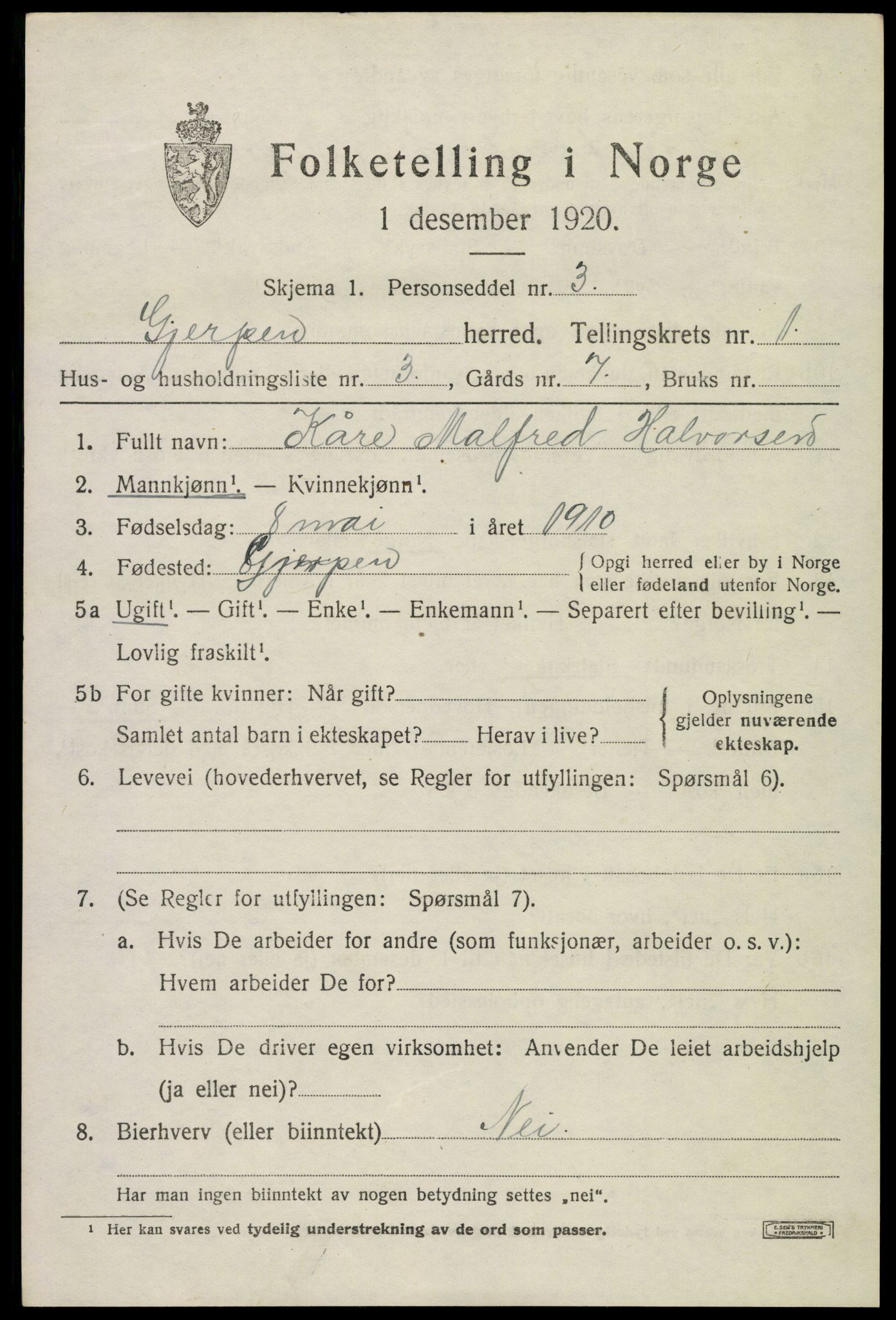 SAKO, 1920 census for Gjerpen, 1920, p. 2716