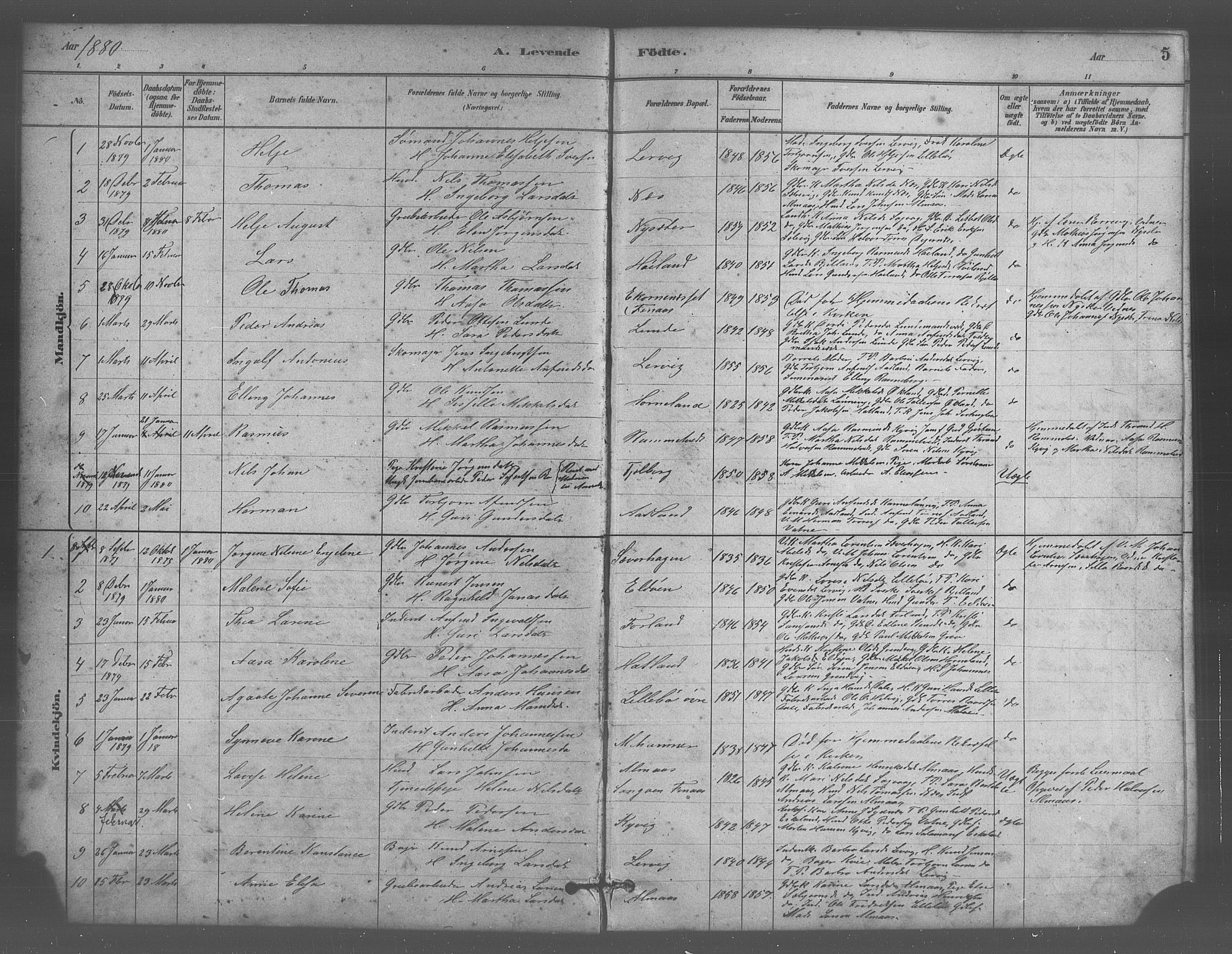 Stord sokneprestembete, SAB/A-78201/H/Hab: Parish register (copy) no. A 2, 1879-1909, p. 5