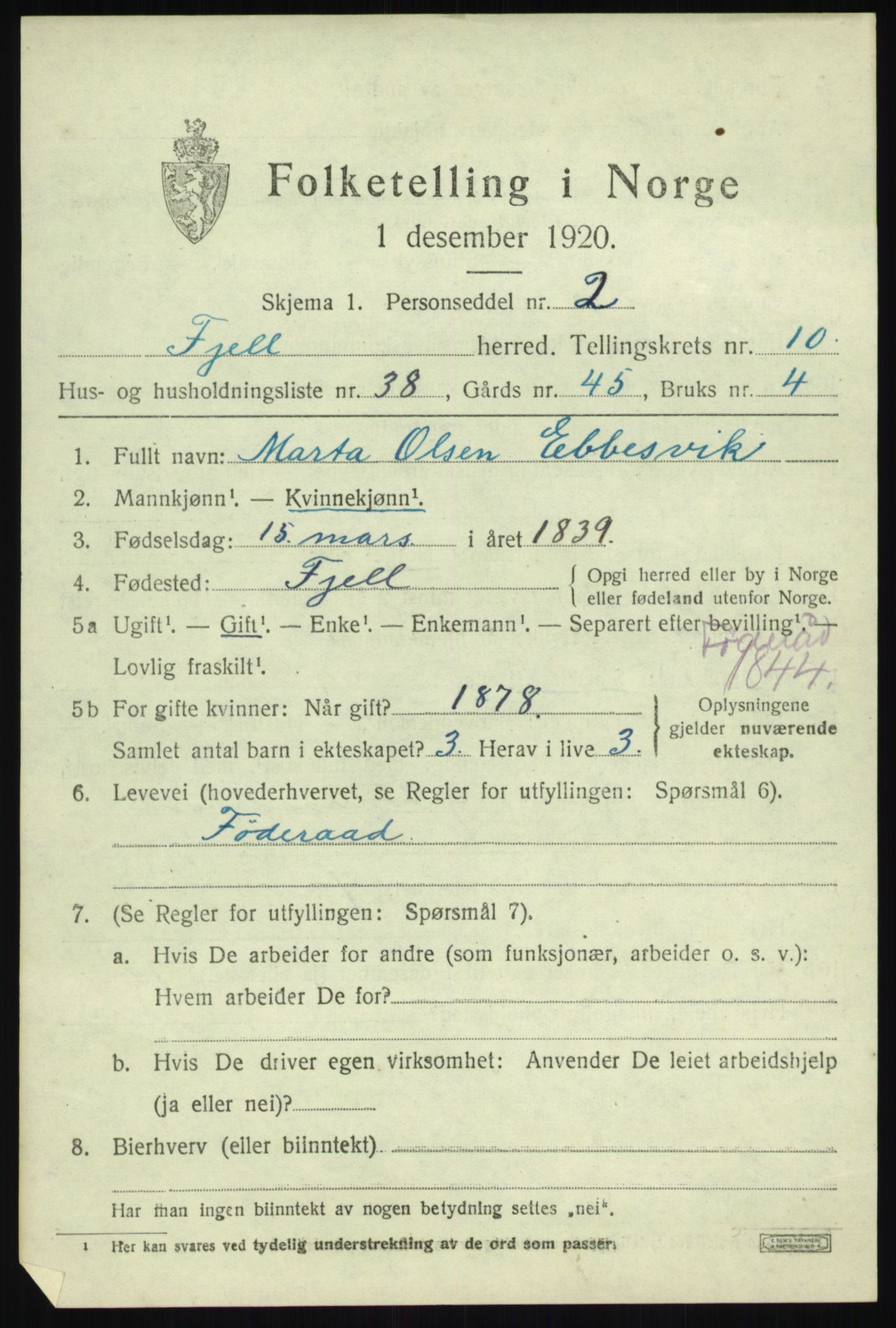 SAB, 1920 census for Fjell, 1920, p. 9590