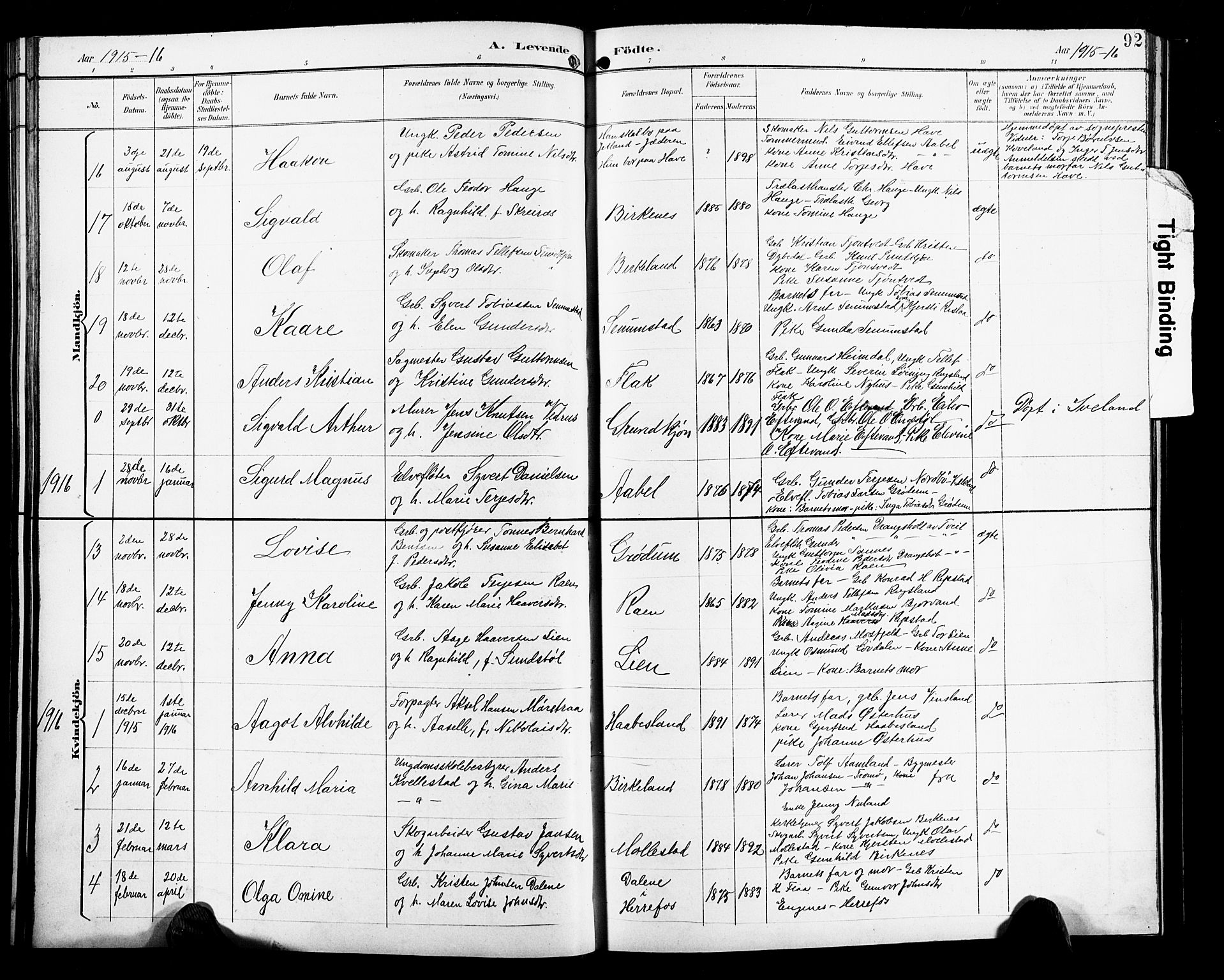 Birkenes sokneprestkontor, SAK/1111-0004/F/Fb/L0004: Parish register (copy) no. B 4, 1893-1930, p. 92