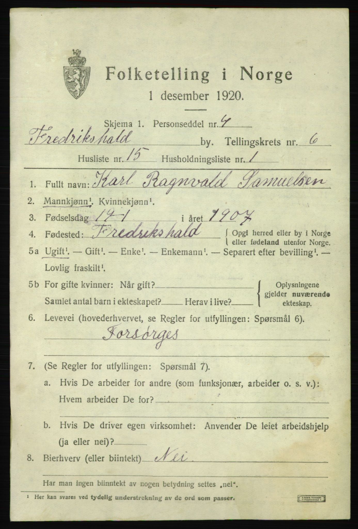 SAO, 1920 census for Fredrikshald, 1920, p. 13280