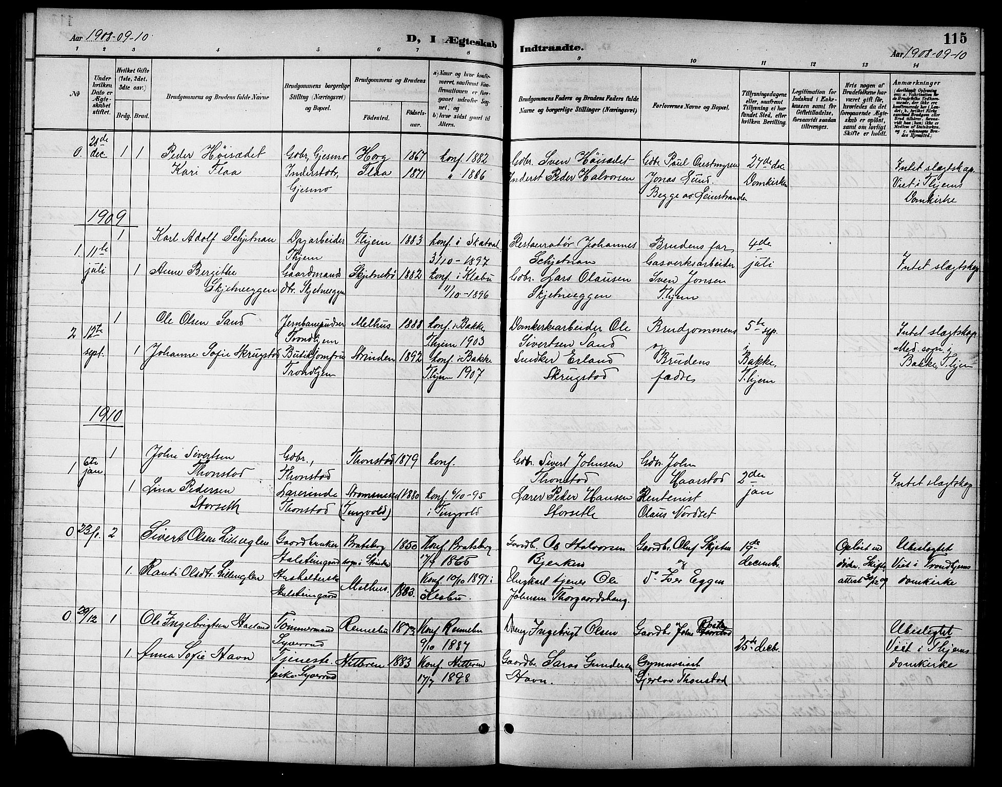 Ministerialprotokoller, klokkerbøker og fødselsregistre - Sør-Trøndelag, SAT/A-1456/621/L0460: Parish register (copy) no. 621C03, 1896-1914, p. 115