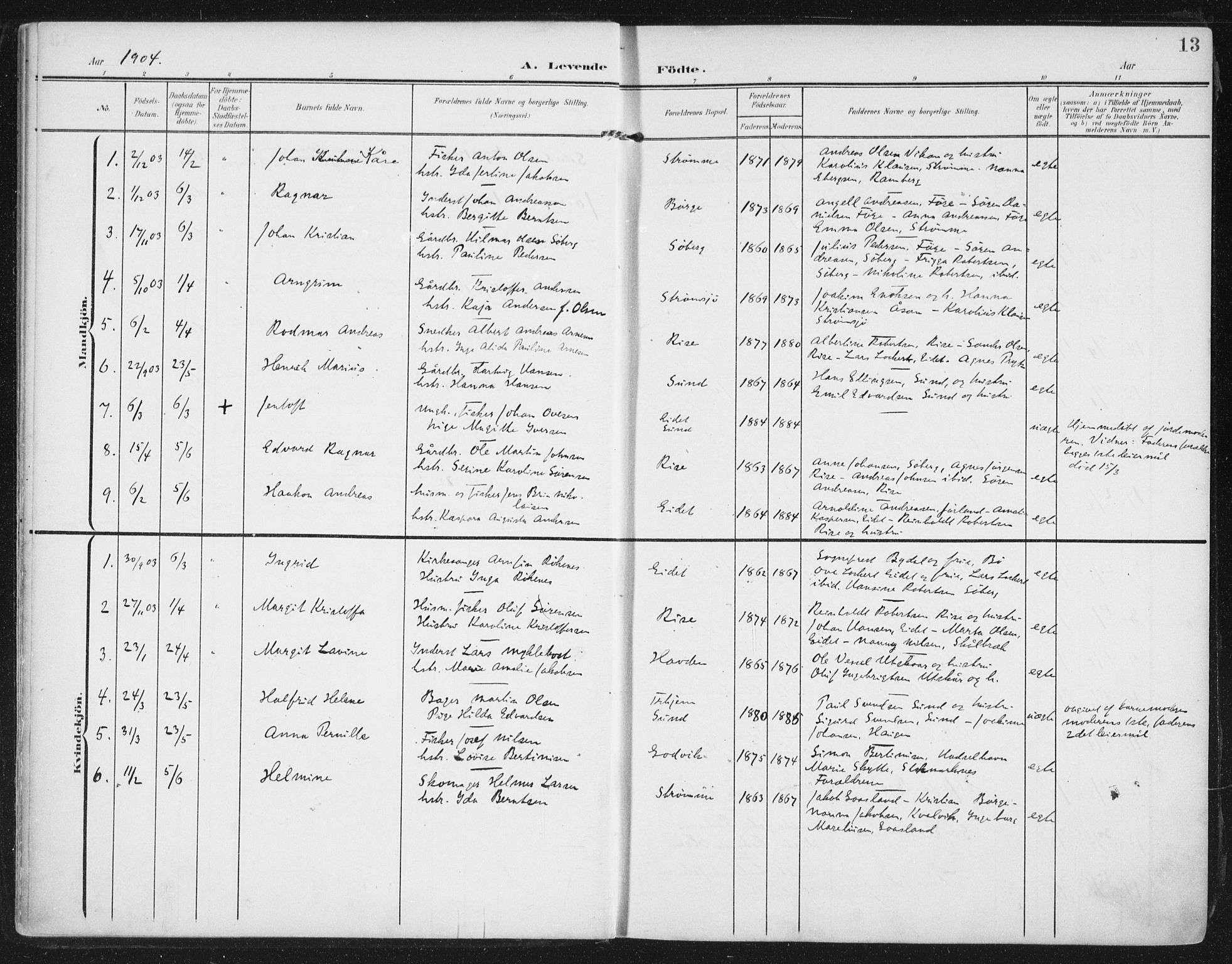 Ministerialprotokoller, klokkerbøker og fødselsregistre - Nordland, SAT/A-1459/892/L1321: Parish register (official) no. 892A02, 1902-1918, p. 13