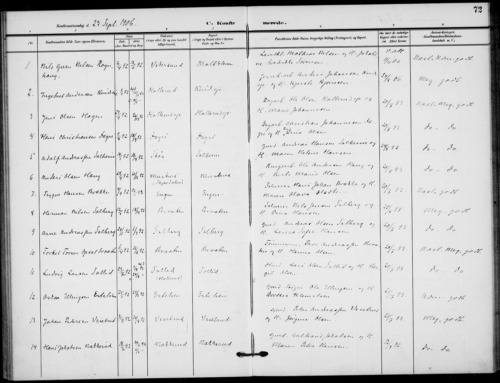 Hole kirkebøker, SAKO/A-228/F/Fb/L0003: Parish register (official) no. II 3, 1906-1916, p. 72