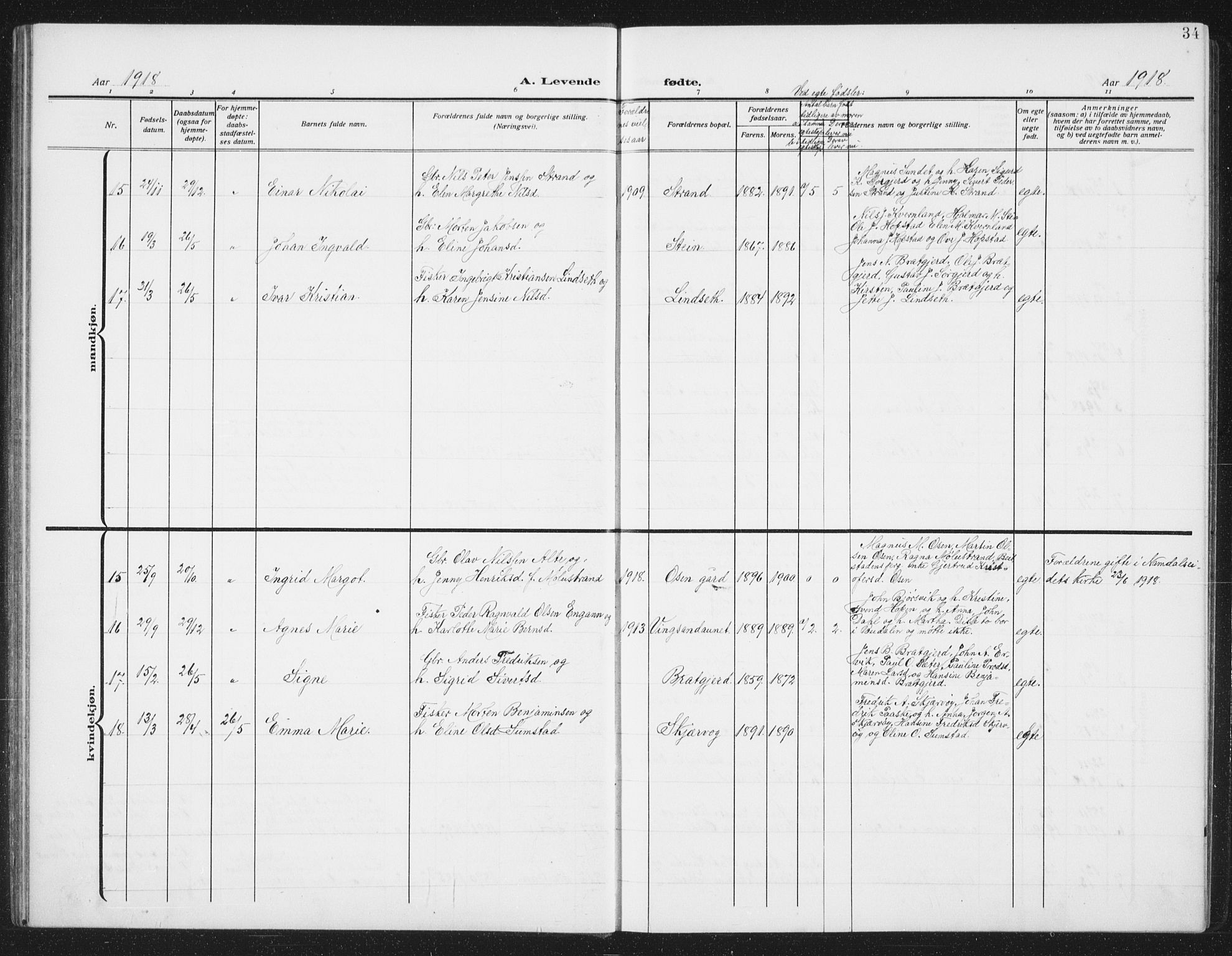 Ministerialprotokoller, klokkerbøker og fødselsregistre - Sør-Trøndelag, SAT/A-1456/658/L0727: Parish register (copy) no. 658C03, 1909-1935, p. 34