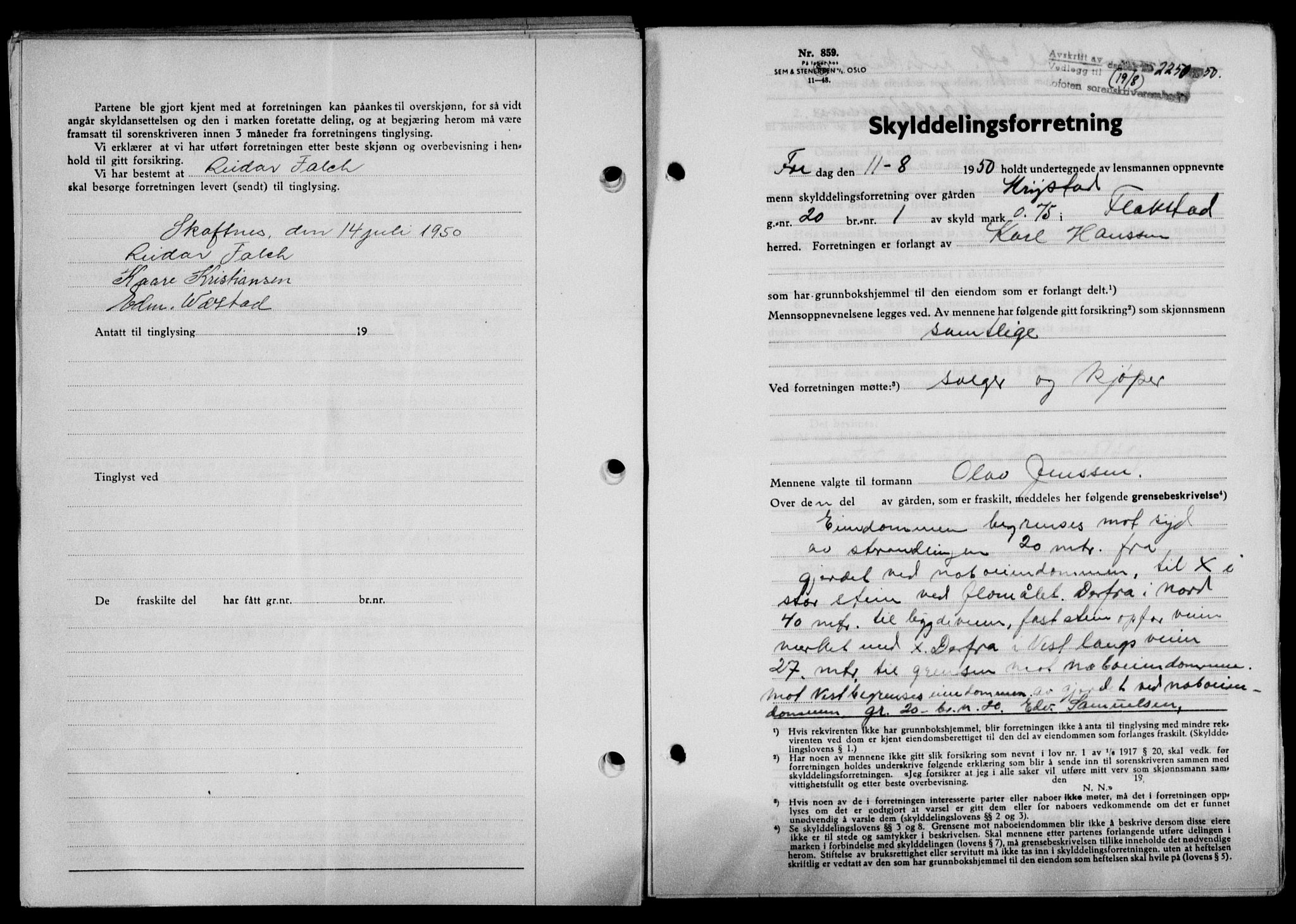 Lofoten sorenskriveri, SAT/A-0017/1/2/2C/L0024a: Mortgage book no. 24a, 1950-1950, Diary no: : 2250/1950