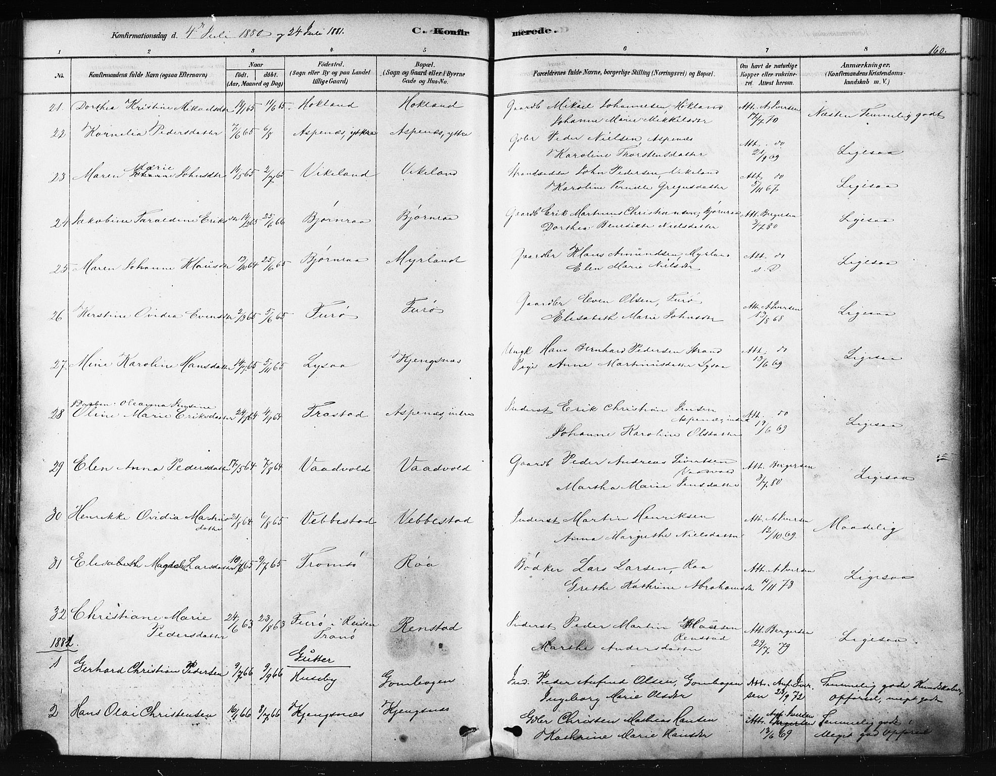 Kvæfjord sokneprestkontor, AV/SATØ-S-1323/G/Ga/Gaa/L0005kirke: Parish register (official) no. 5, 1878-1894, p. 160