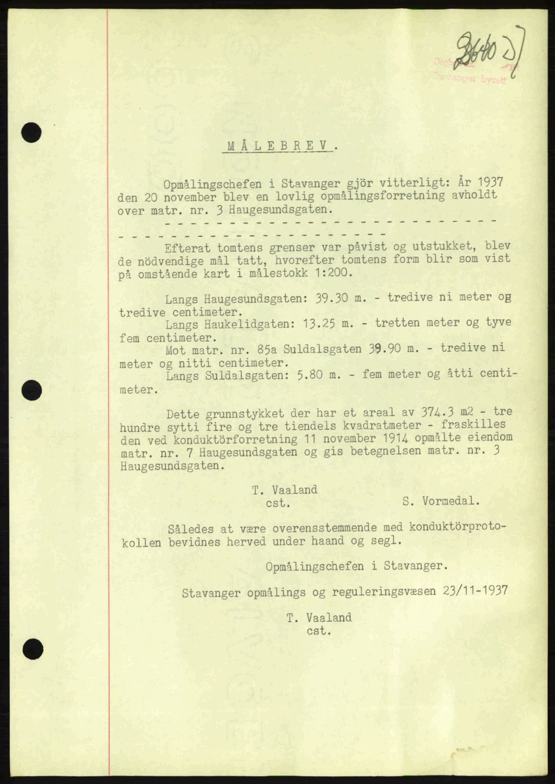 Stavanger byrett, SAST/A-100455/002/G/Gb/L0013: Mortgage book no. A3, 1937-1938, Diary no: : 2660/1937