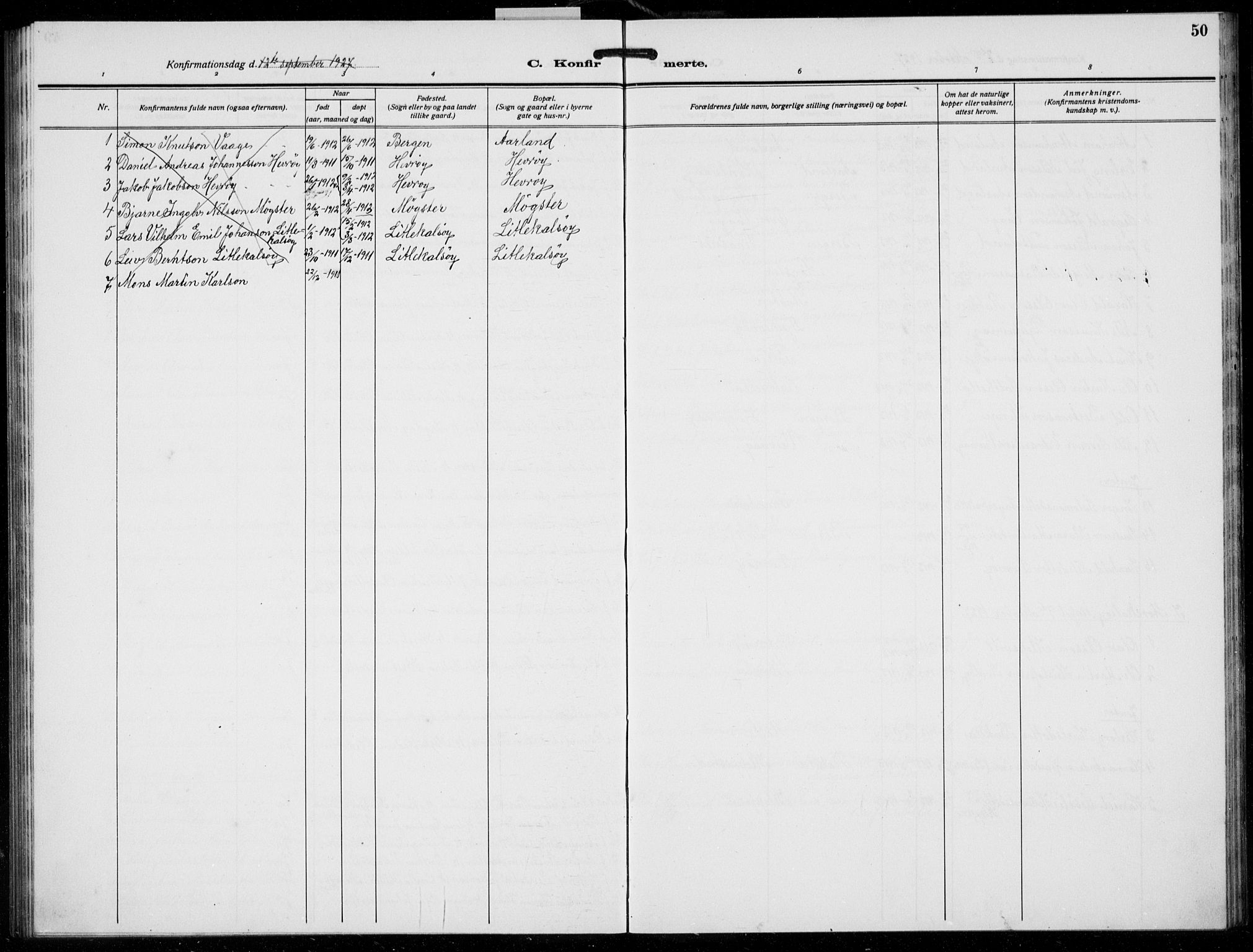 Austevoll Sokneprestembete, SAB/A-74201/H/Hab: Parish register (copy) no. B  7, 1926-1939, p. 50