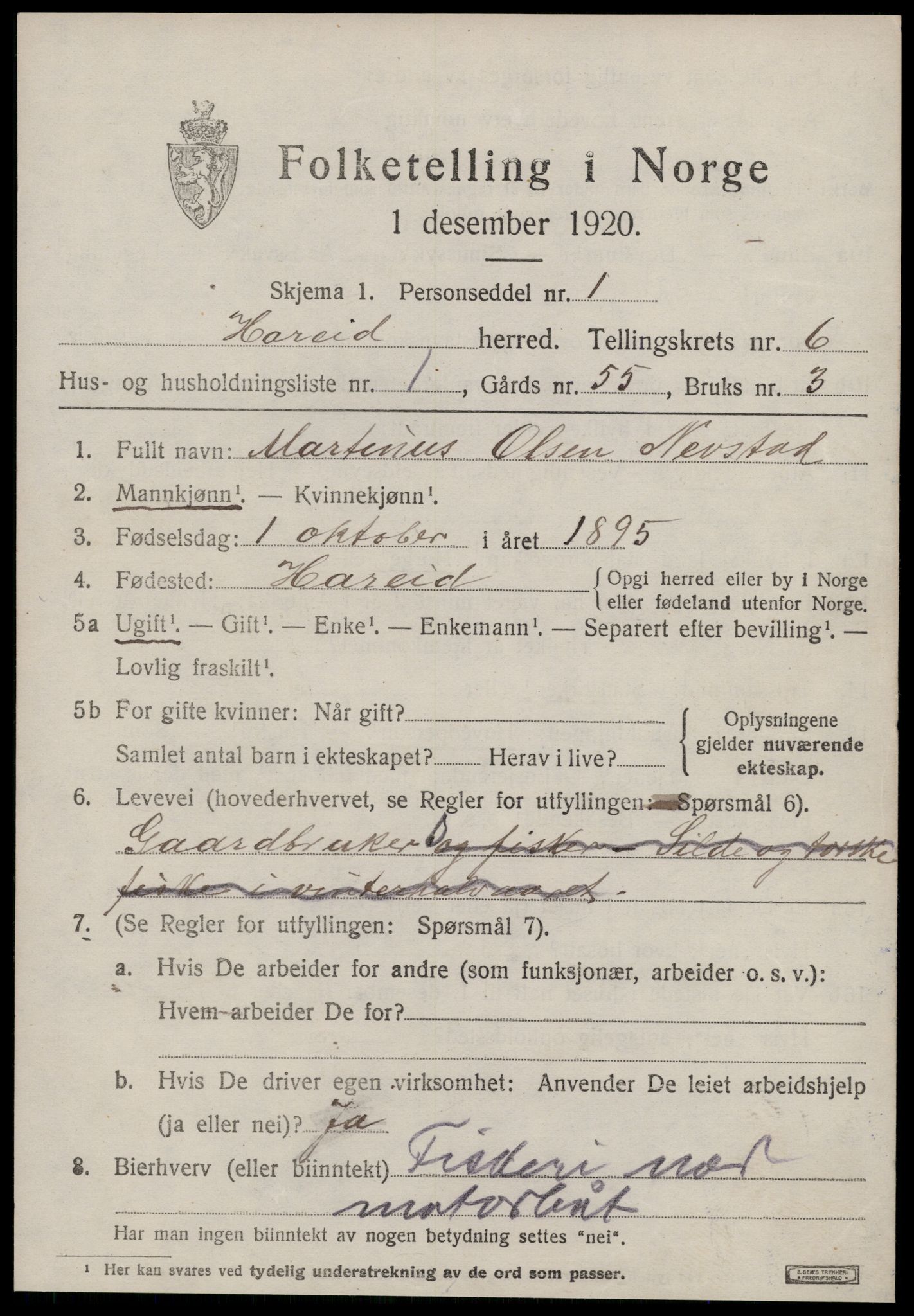 SAT, 1920 census for Hareid, 1920, p. 2163