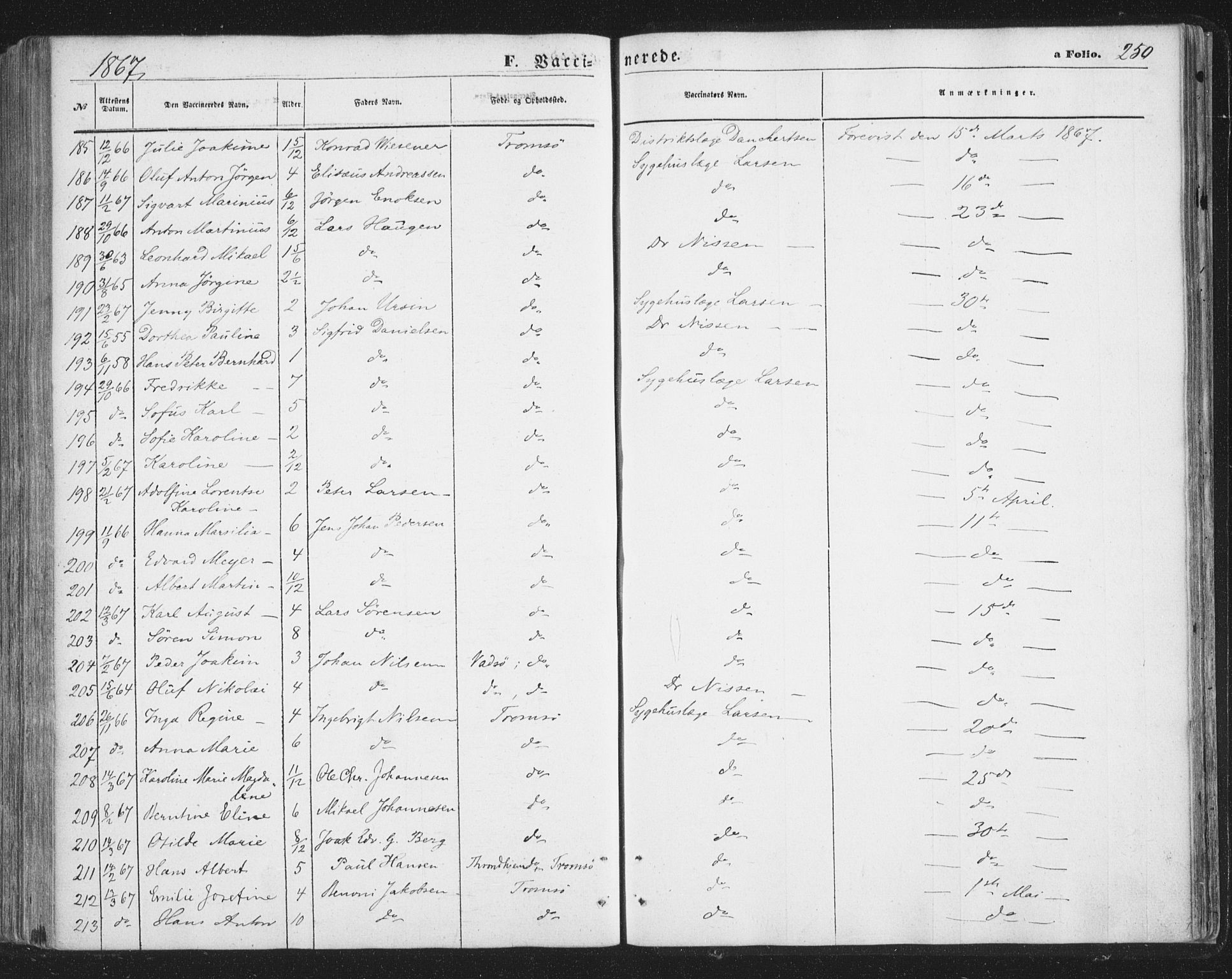 Tromsø sokneprestkontor/stiftsprosti/domprosti, AV/SATØ-S-1343/G/Ga/L0012kirke: Parish register (official) no. 12, 1865-1871, p. 250