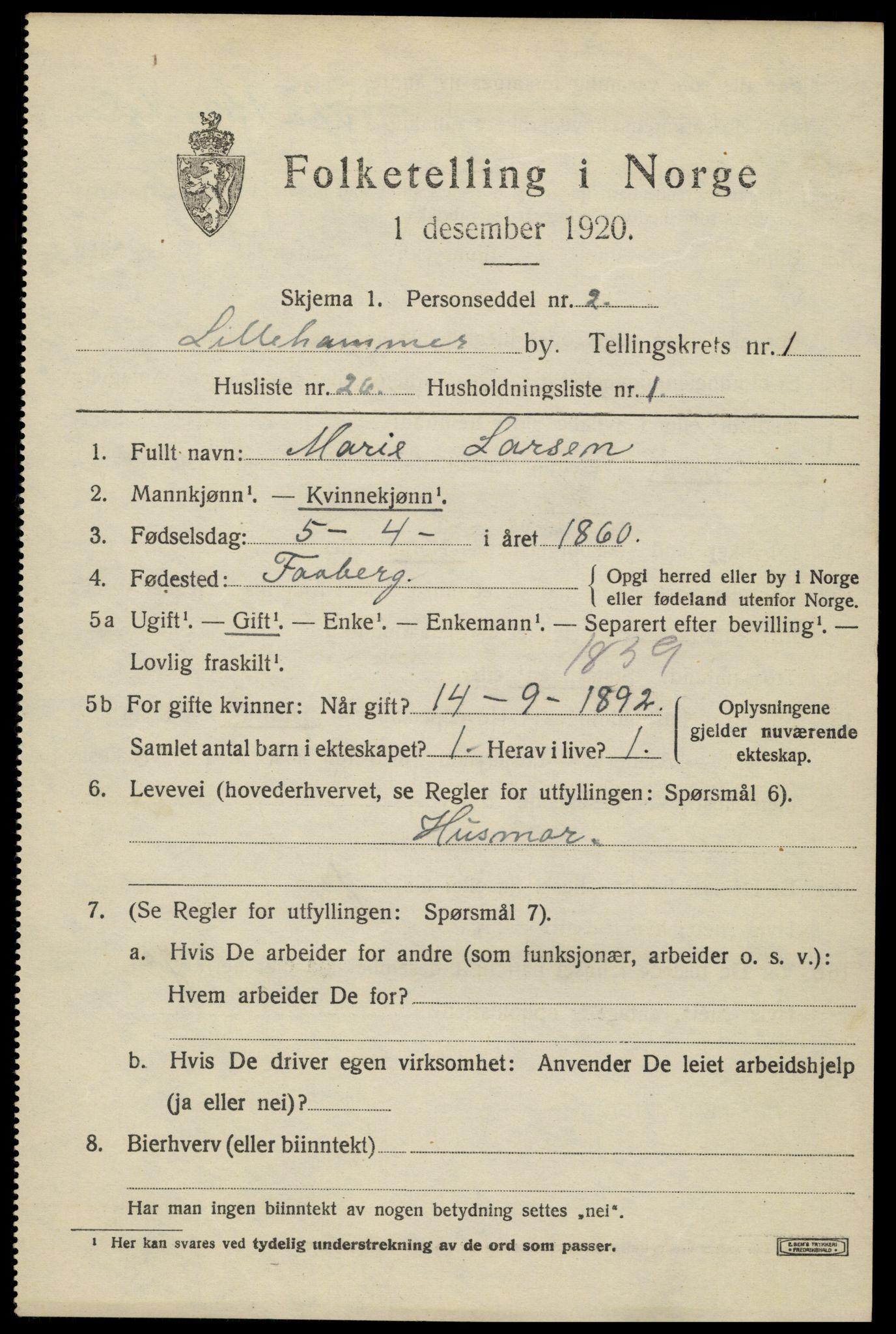 SAH, 1920 census for Lillehammer, 1920, p. 4146