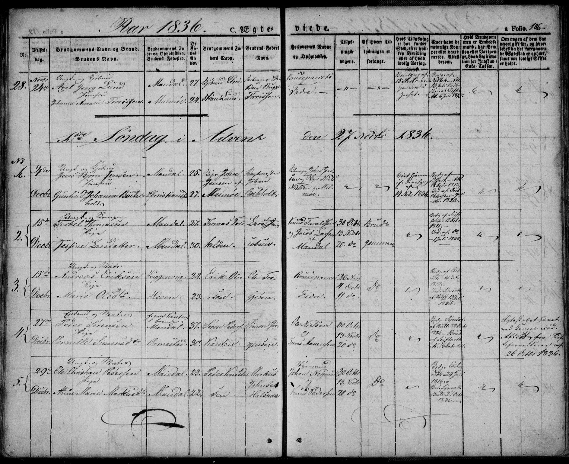 Mandal sokneprestkontor, AV/SAK-1111-0030/F/Fa/Faa/L0011: Parish register (official) no. A 11, 1830-1839, p. 186