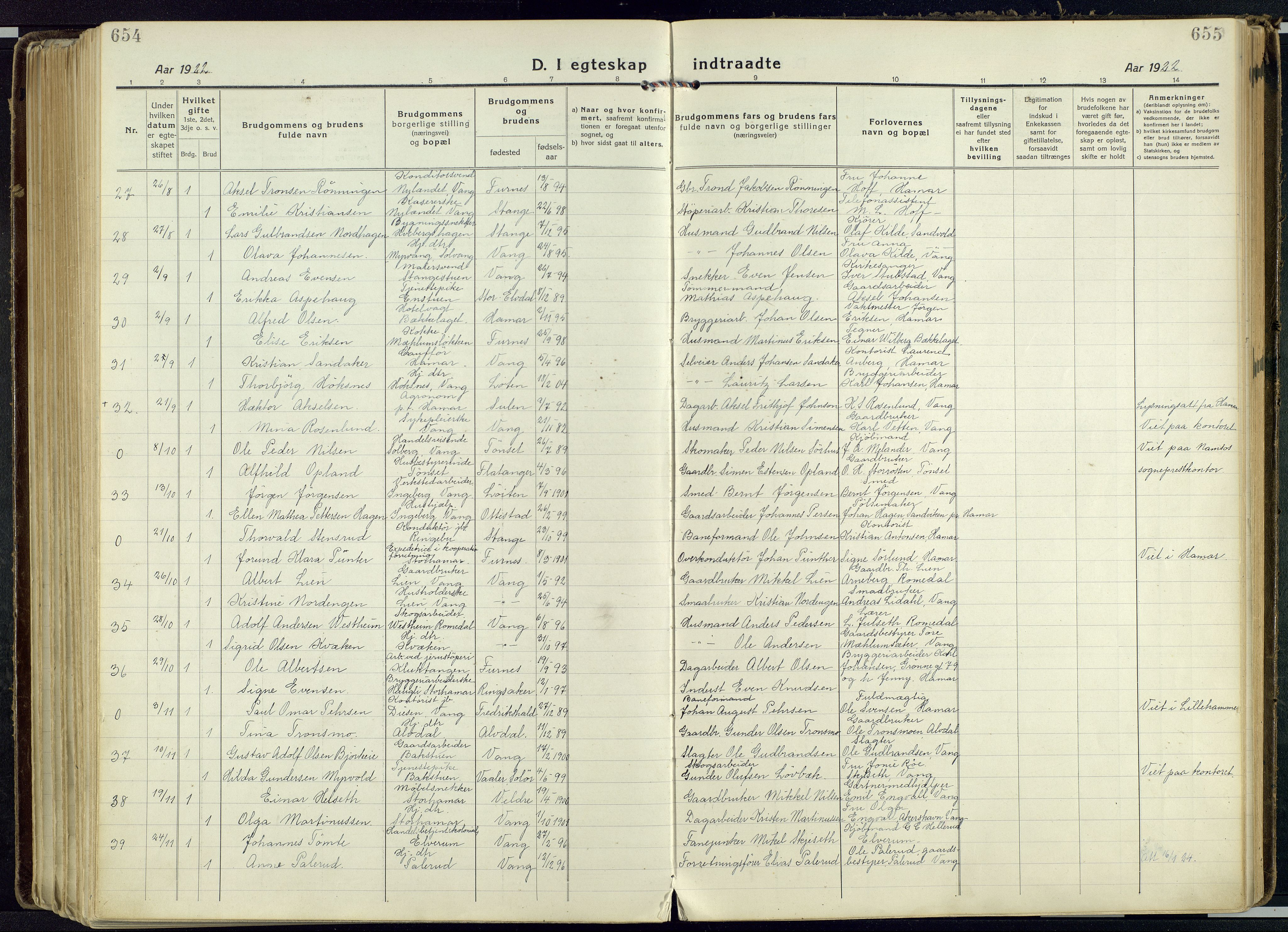 Vang prestekontor, Hedmark, AV/SAH-PREST-008/H/Ha/Haa/L0022: Parish register (official) no. 22, 1918-1944, p. 654-655