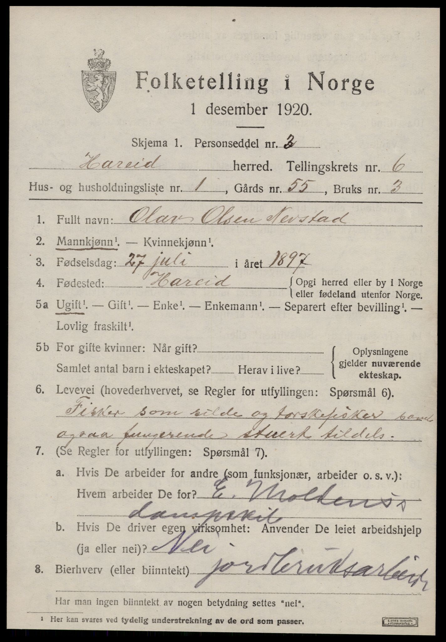 SAT, 1920 census for Hareid, 1920, p. 2167