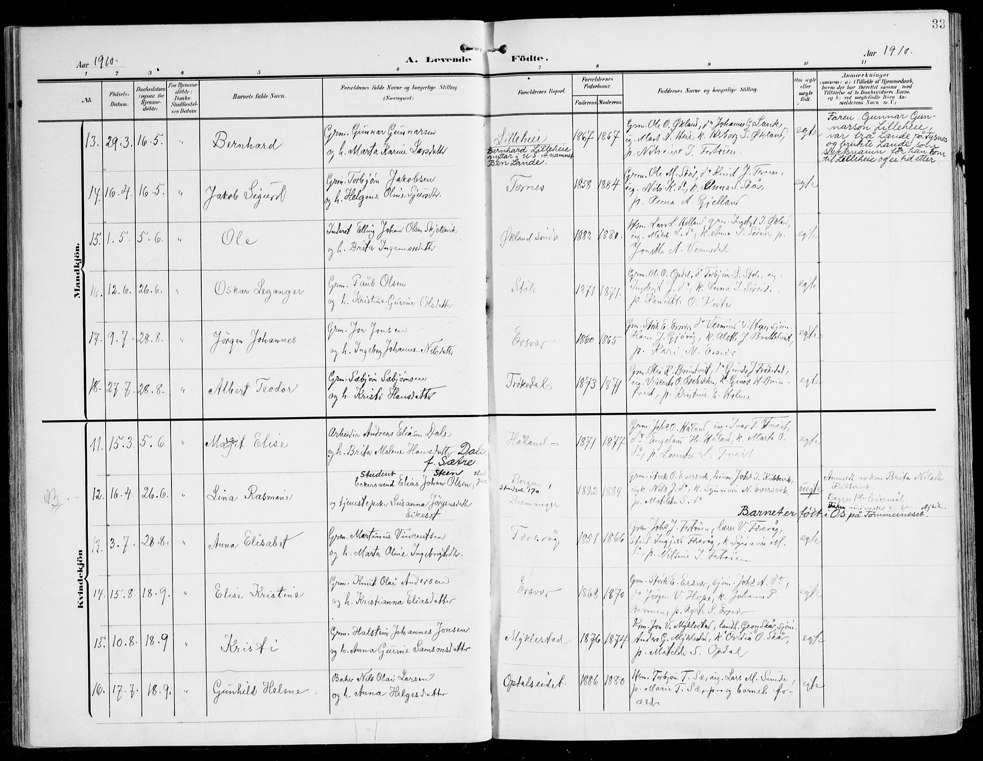 Tysnes sokneprestembete, AV/SAB-A-78601/H/Haa: Parish register (official) no. D 2, 1905-1922, p. 33