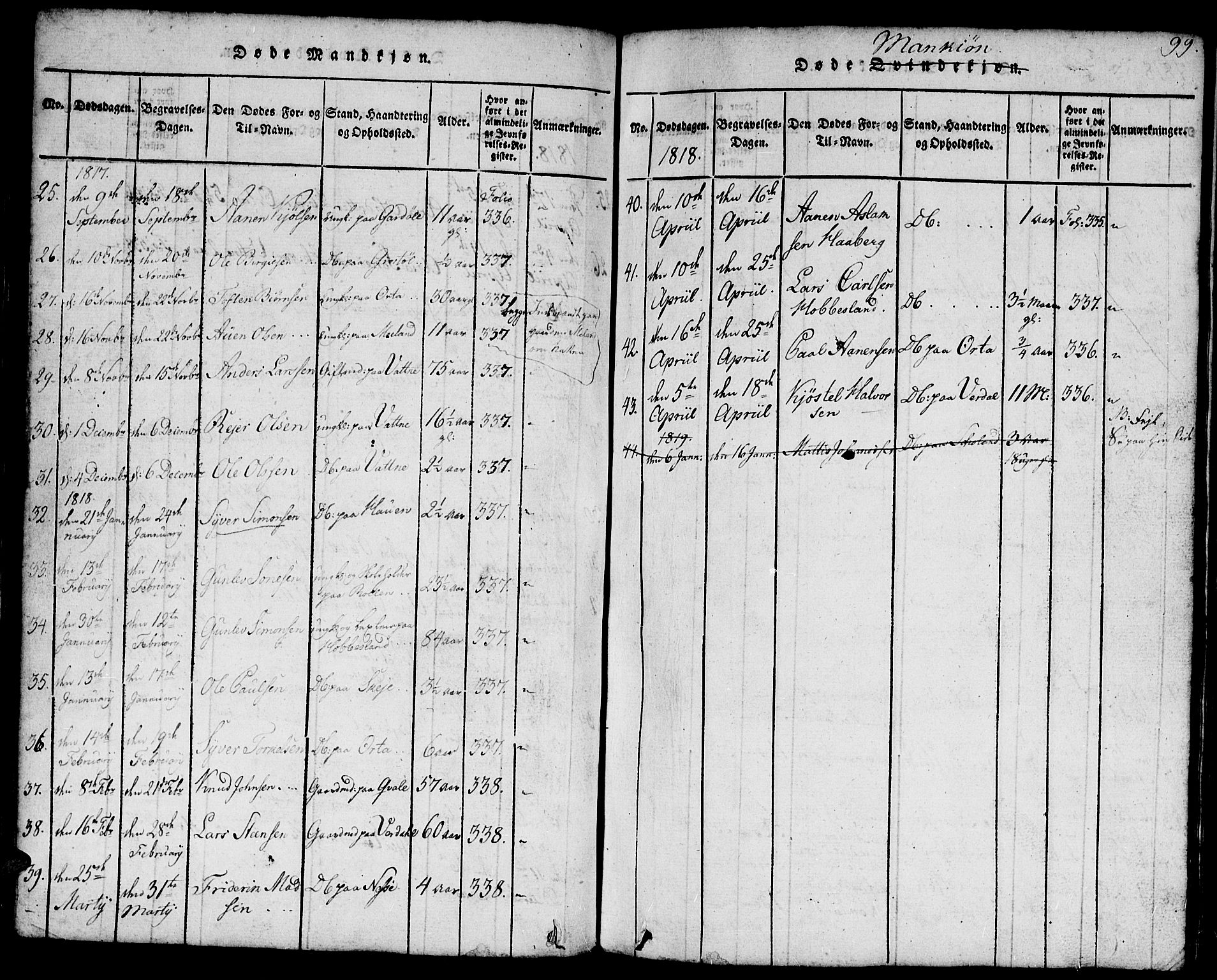 Hægebostad sokneprestkontor, AV/SAK-1111-0024/F/Fb/Fbb/L0001: Parish register (copy) no. B 1, 1816-1850, p. 99