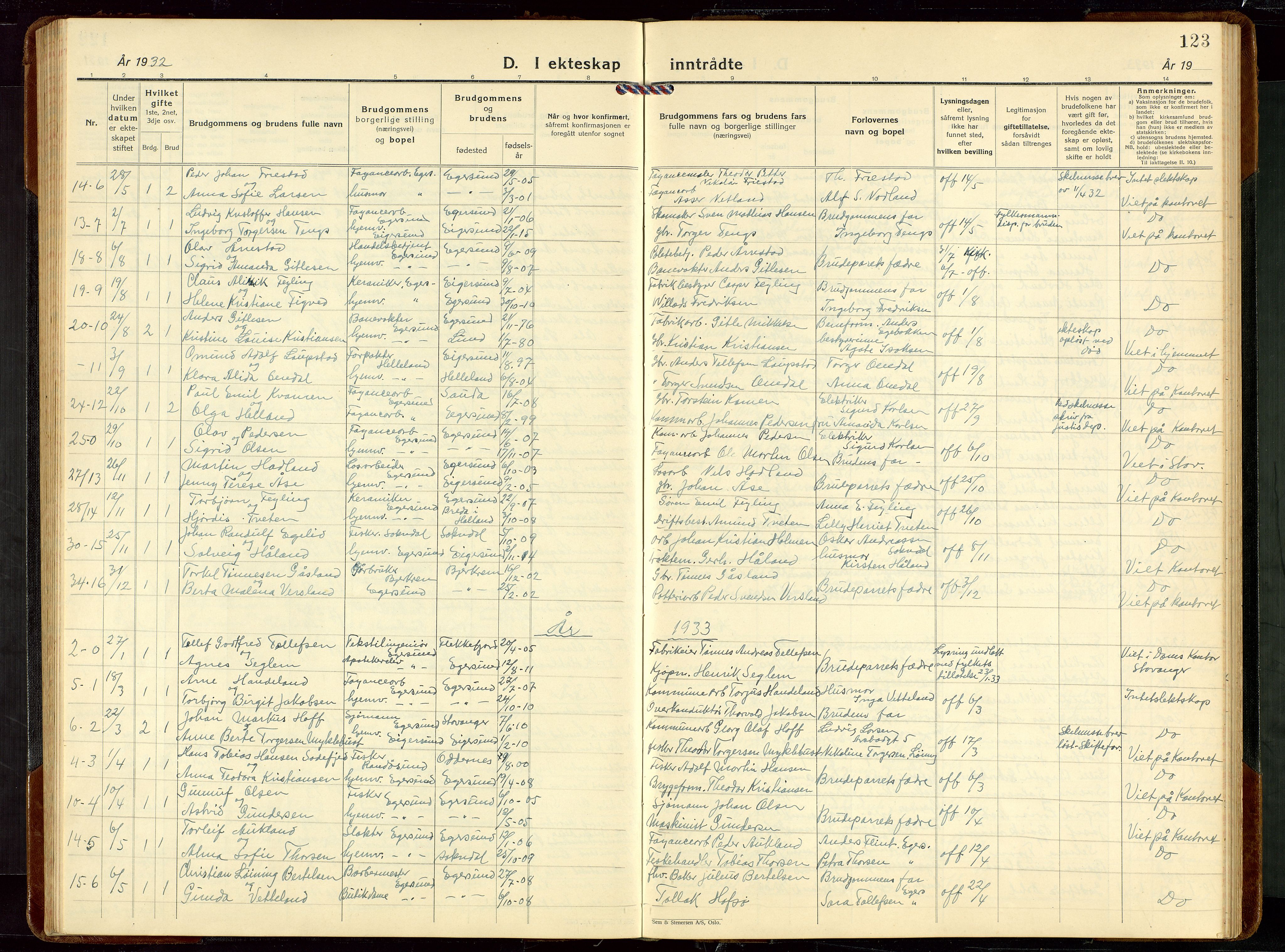 Eigersund sokneprestkontor, SAST/A-101807/S09/L0014: Parish register (copy) no. B 14, 1931-1949, p. 123