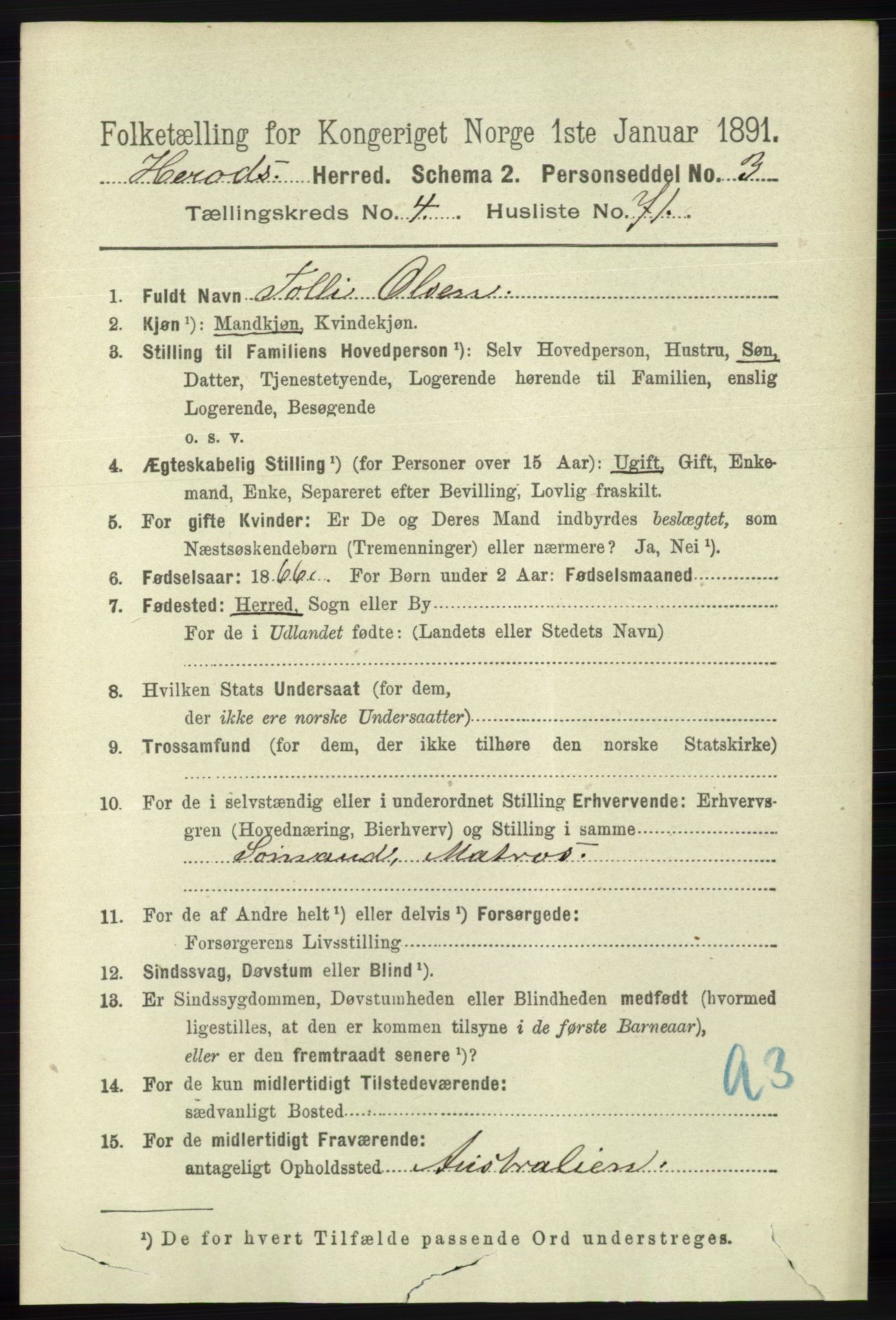 RA, 1891 census for 1039 Herad, 1891, p. 1719