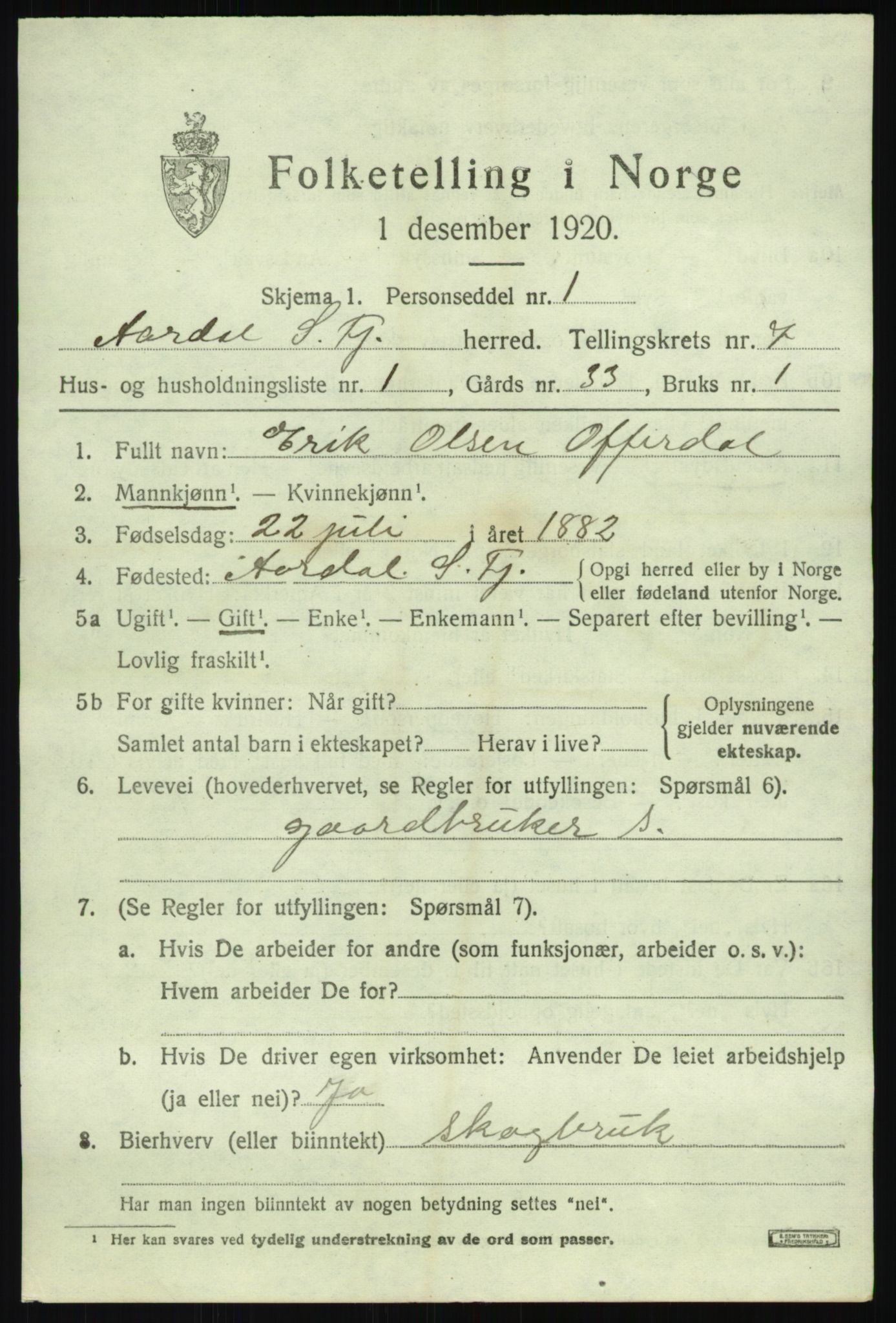 SAB, 1920 census for Årdal, 1920, p. 3269