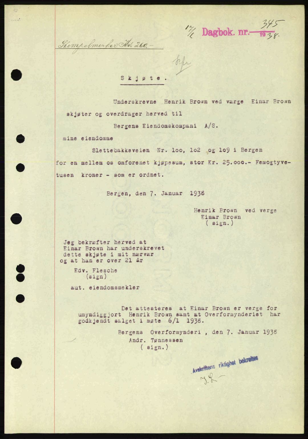 Byfogd og Byskriver i Bergen, AV/SAB-A-3401/03/03Bc/L0006: Mortgage book no. A5, 1937-1938, Diary no: : 345/1938